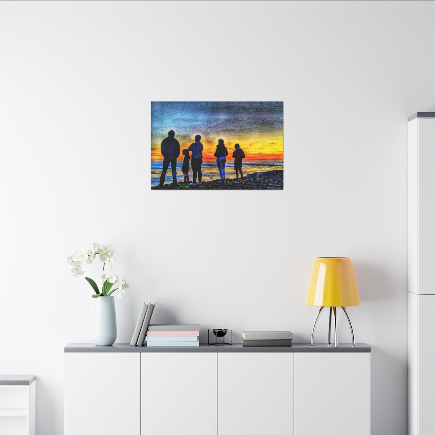 Swamis Vibe Encinitas California JSE Photograph #131 Swamis Low Tide Tourists Sunset Family Silhouette Canvas Wall Art, Stretched Canvas, Home Decor for Living Room, Gift for Parents, Family Portrait, Nature Art
