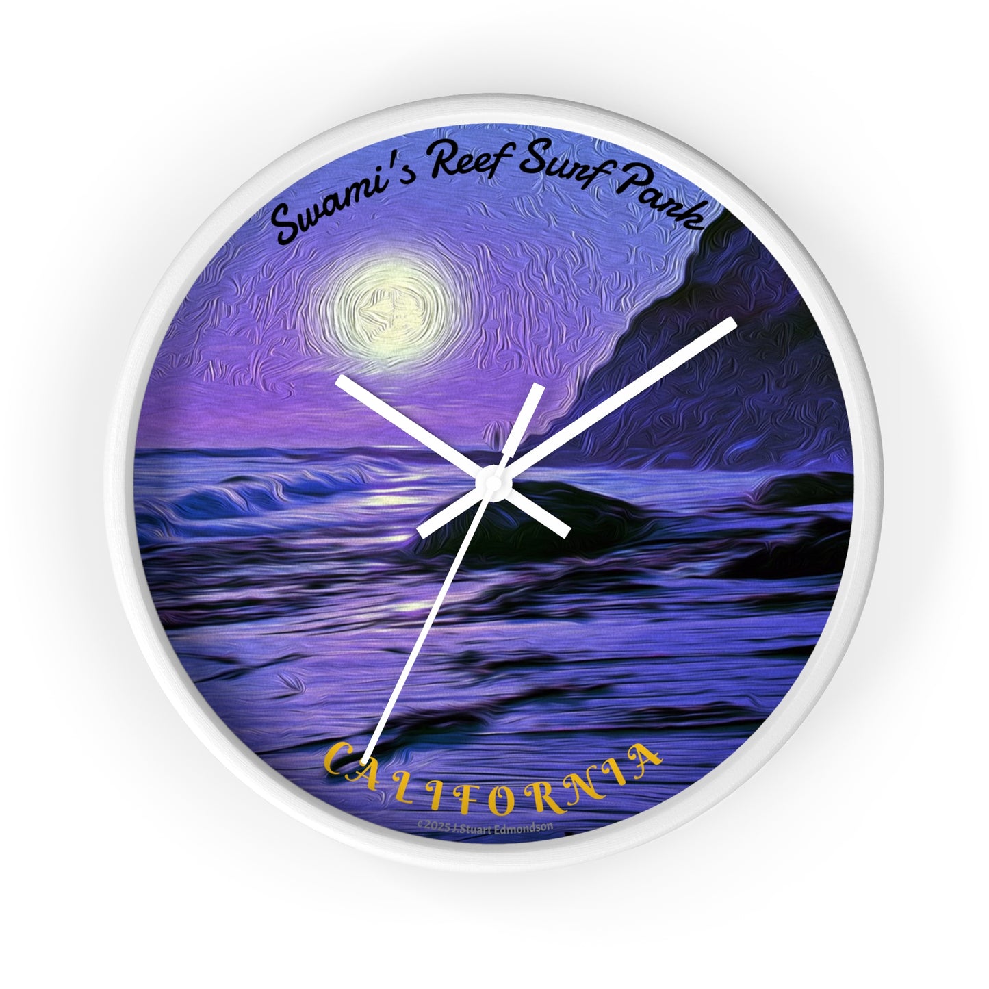 Swamis Vibe Encinitas California JSE Designs Swamis Surfing Sunset Wall Clock #6. Purple Moon - Serene Moonlit Beach Wall Clock | Coastal Home Decor, Nautical Gift, Ocean Lover's Art, Unique Timepiece, Relaxing Atmosphere