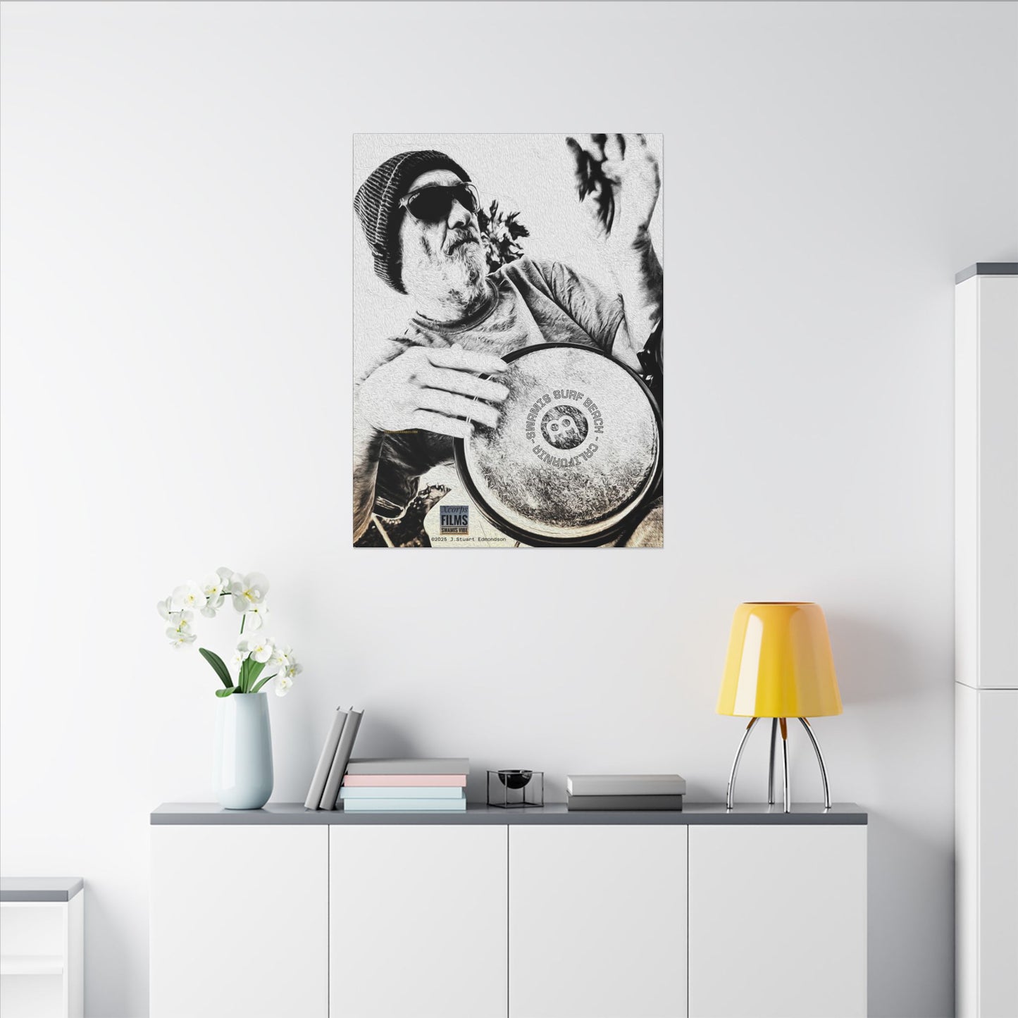 Swamis Vibe Encinitas California JSE Designs #124. Drum Beat Canvas Boxed Photo Prints- San Diego, California Surfing Beach Design, Drummer, Musician