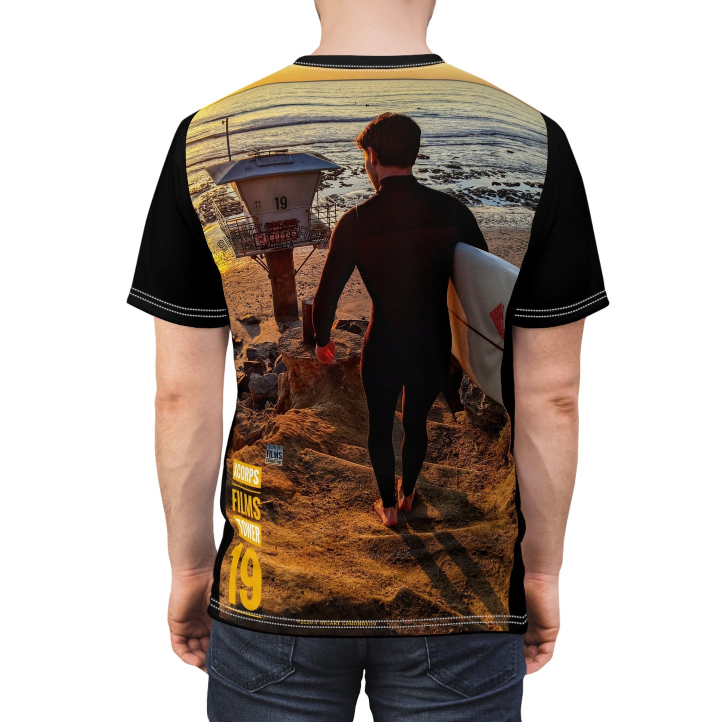 Swamis Vibe Encinitas California JSE Designs #6 Tower 19 Unisex T Sunset Beach Scene Tee, AOP Unisex Cut & Sew T-Shirt, Ocean Lover Gift, California Beachwear, Summer Vacation Apparel, Adventure T-Shirt