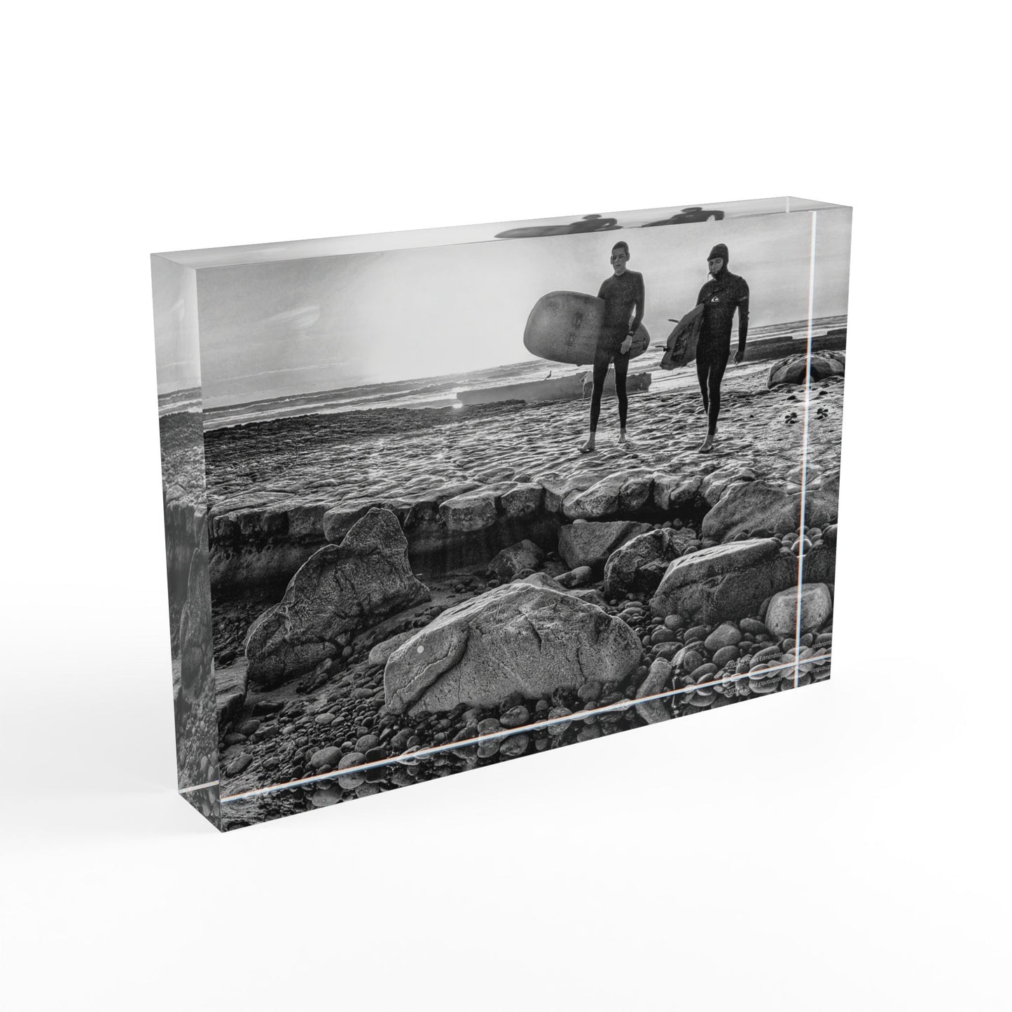 Swamis Vibe Surf and Sunsets Gallery Presents 2 Surfers on Ancient Swamis Reef 3D Surf Photo Block Home Decor, Gift for Surfers, Black and White Photography Display, Coastal Wall Art