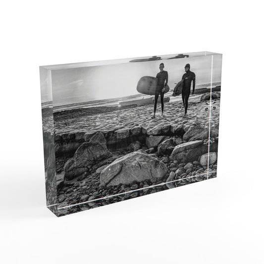 Swamis Vibe Surf and Sunsets Gallery Presents 2 Surfers on Ancient Swamis Reef 3D Surf Photo Block Home Decor, Gift for Surfers, Black and White Photography Display, Coastal Wall Art