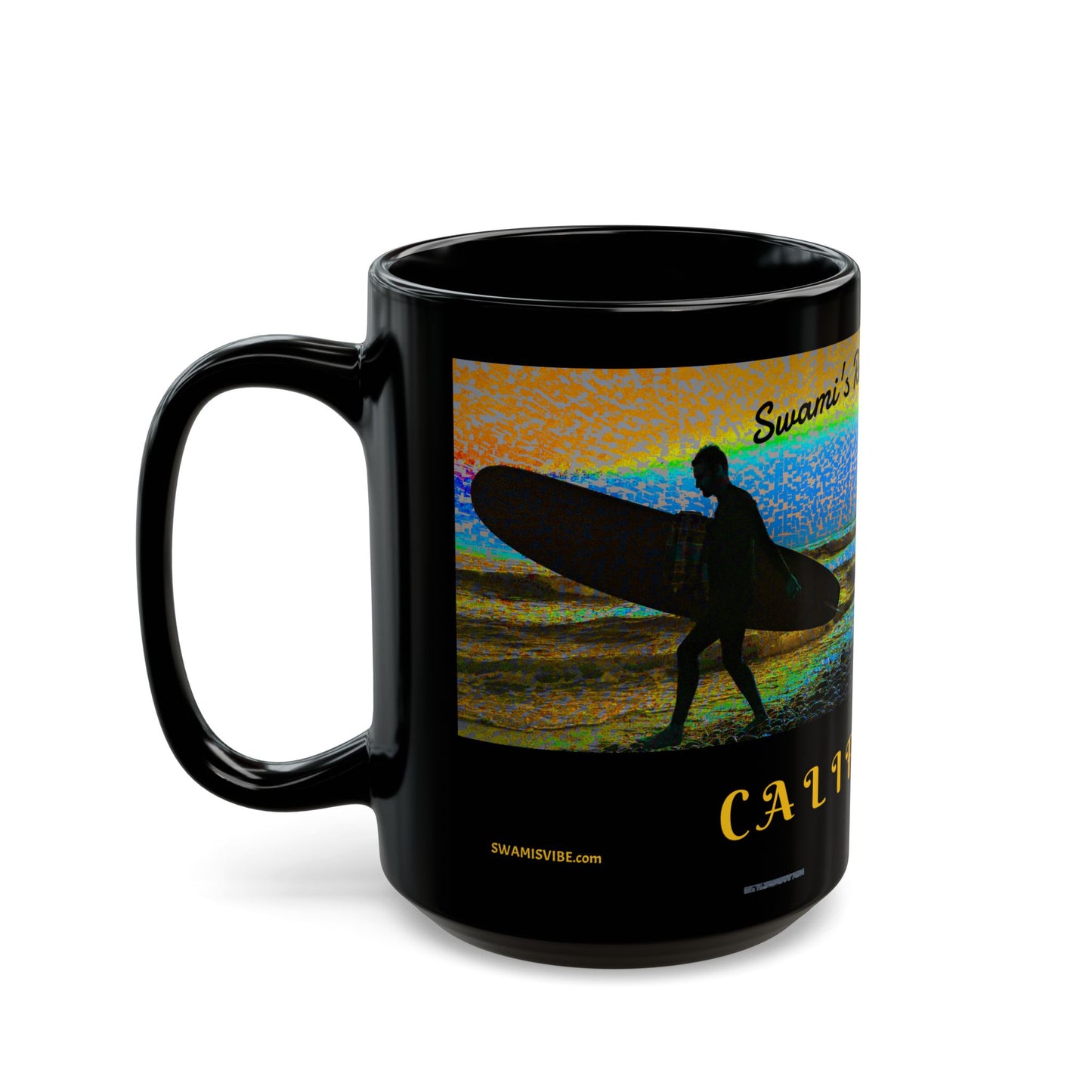 Swamis Vibe Encinitas California JSE Sunset Surf Designs #6 Xcorps Films Swamis Vibe Ceramic Mug California Surfing Mug, Black Ceramic Coffee Cup, Beach Lover Gift, Surfboard Artwork, Swami's Reef Surf, Unique Coffee Mug