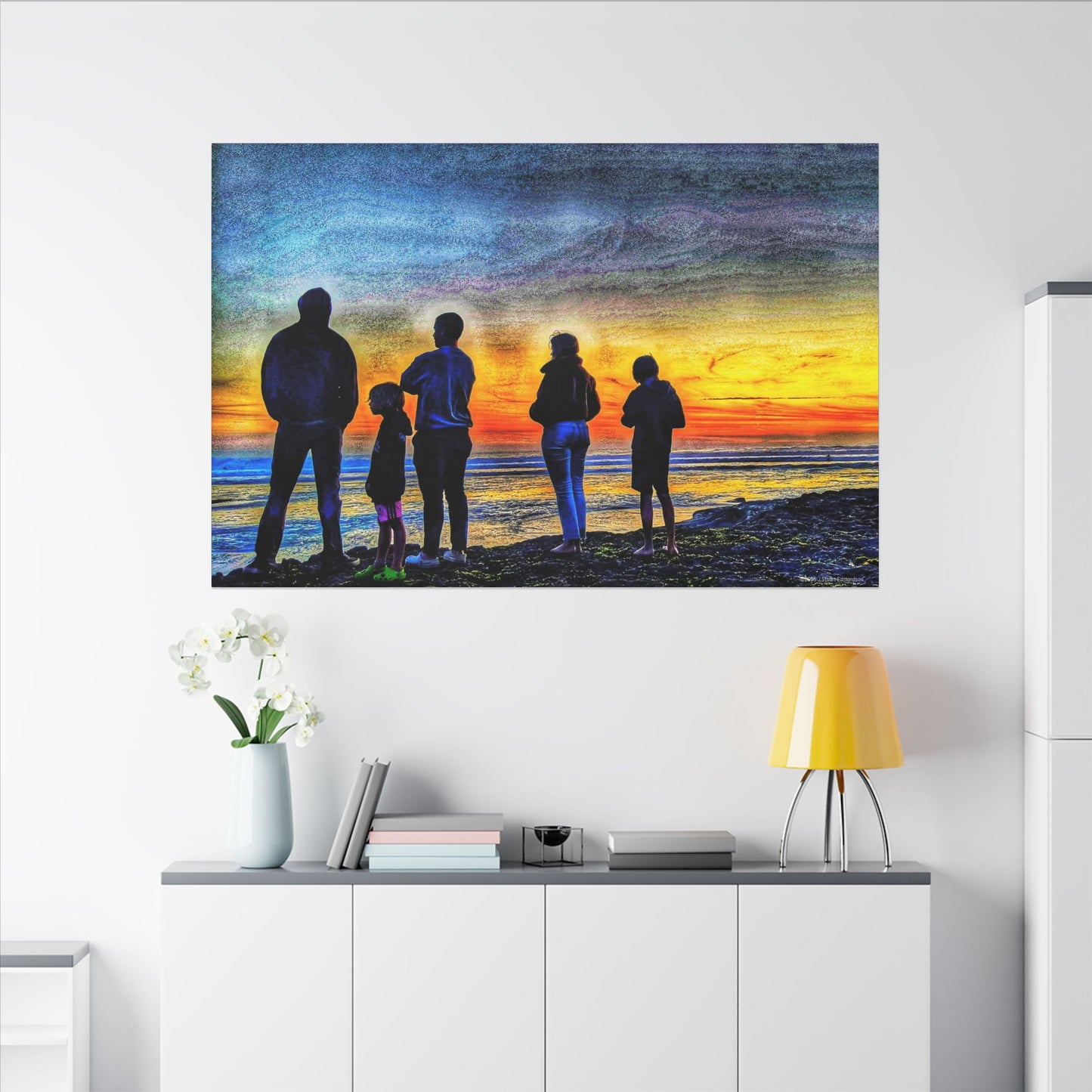Swamis Vibe Encinitas California JSE Photograph #131 Swamis Low Tide Tourists Sunset Family Silhouette Canvas Wall Art, Stretched Canvas, Home Decor for Living Room, Gift for Parents, Family Portrait, Nature Art