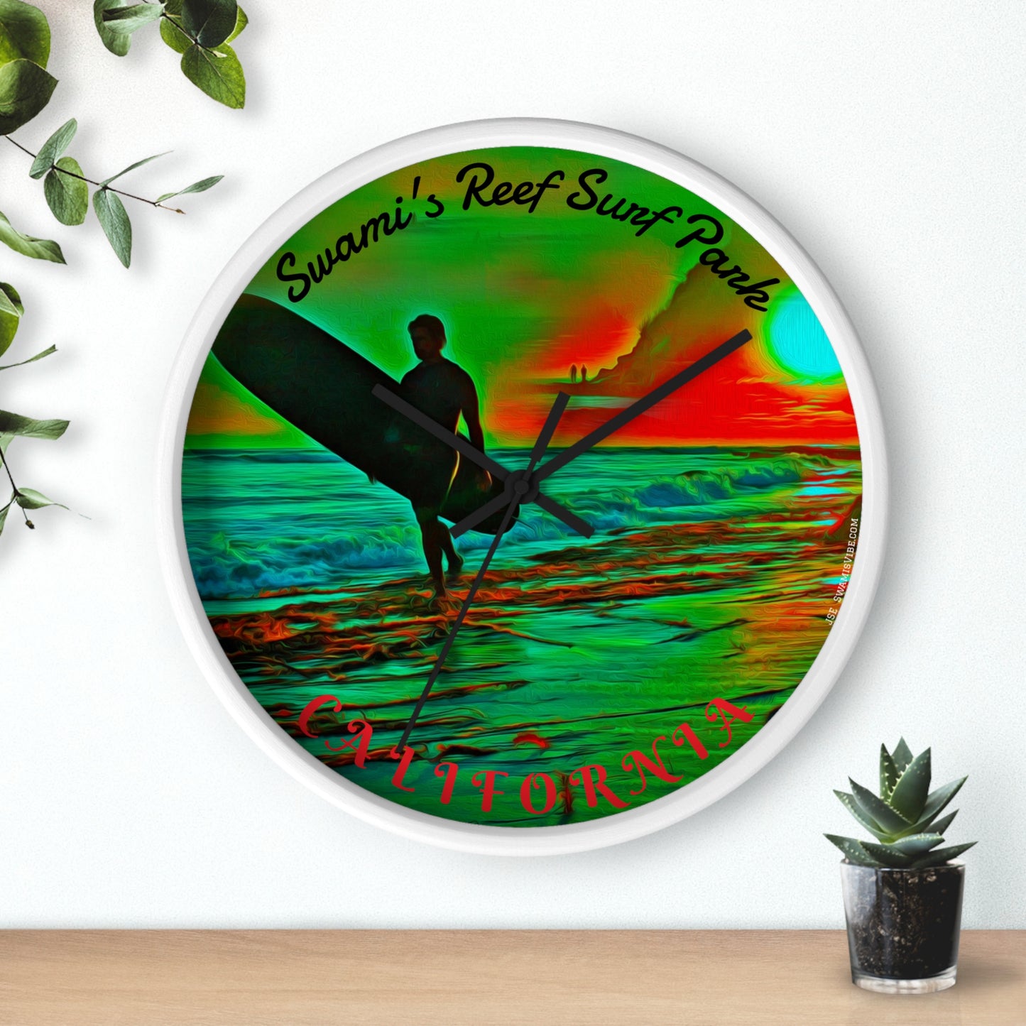 Swamis Vibe Encinitas California JSE Designs Swamis Surfing Sunset Wall Clock #3. Pop Art Sunset Surfer Wall Clock