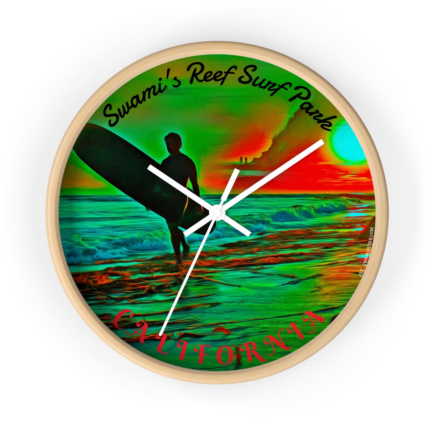 Swamis Vibe Encinitas California JSE Designs Swamis Surfing Sunset Wall Clock #3. Pop Art Sunset Surfer Wall Clock