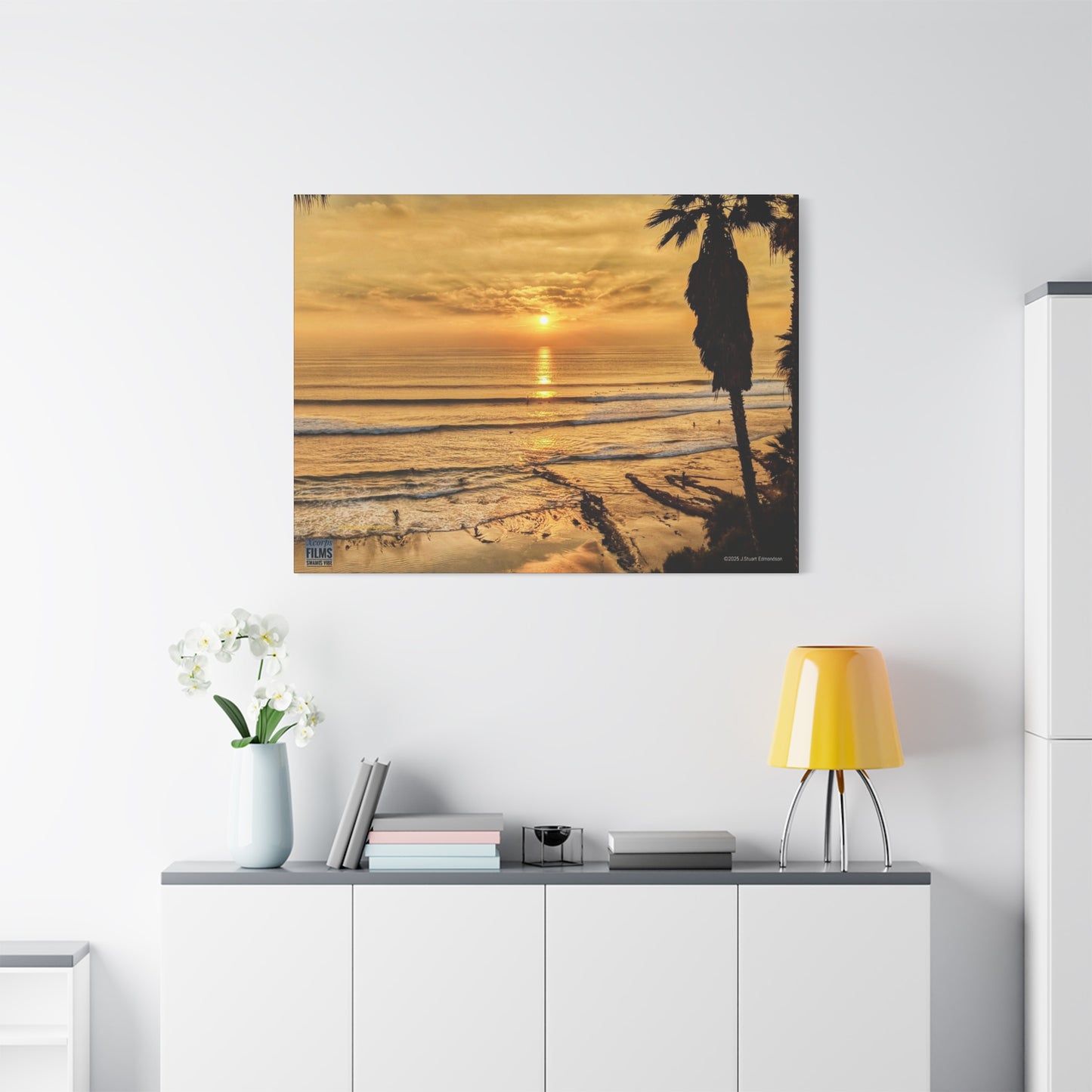 Swamis Vibe Encinitas California JSE Photograph #339 Swamis Sunset Gold Stretched Canvas Art, Sunset Beach Decor, Coastal Wall Art, Ocean Landscape Print, Tropical Home Decoration, Beach Lover Gift