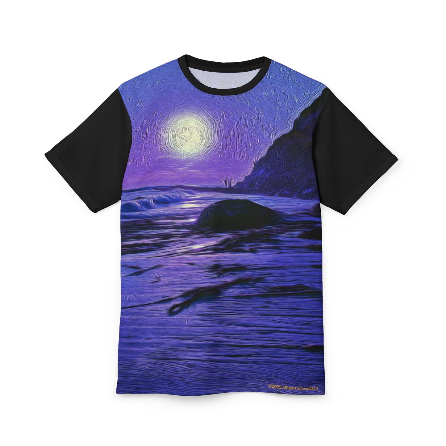 Swamis Vibe Encinitas California JSE Designs #3. Purple Moon Surfer Moonlit Ocean Unisex Tee, Artistic Graphic T-Shirt, Beach Lover Gift, Summer Wear, Unique Casual Top