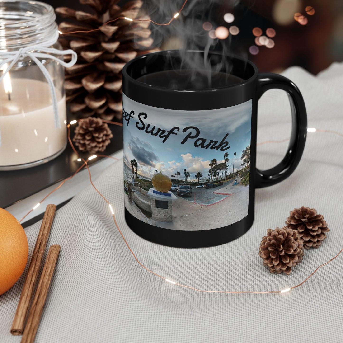 Swamis Vibe Encinitas California JSE Designs #5. Panorama Swamis Surf Park Ceramic Mug - Black Coffee/Tea Cup, Beach Lover Gift, Vacation Souvenir, Surfing Decor, Relaxing Drinkware