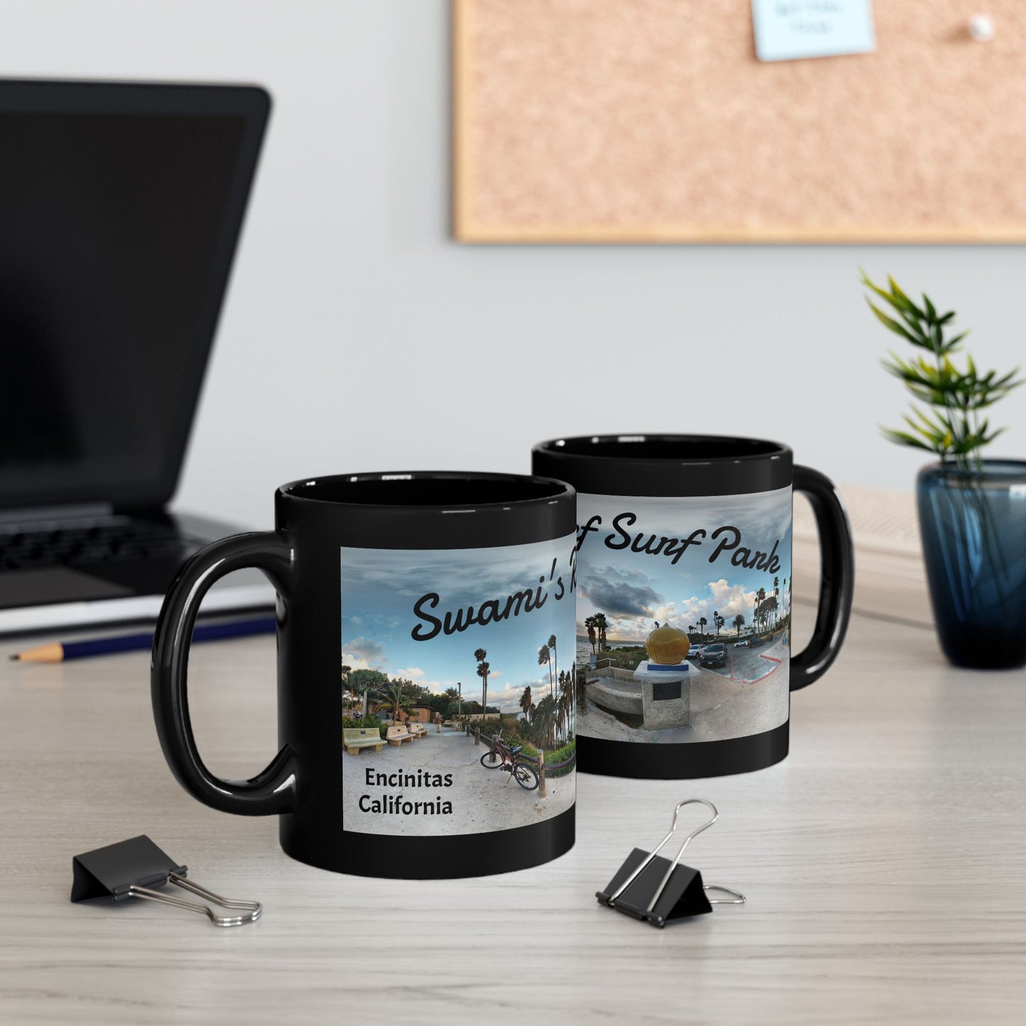 Swamis Vibe Encinitas California JSE Designs #5. Panorama Swamis Surf Park Ceramic Mug - Black Coffee/Tea Cup, Beach Lover Gift, Vacation Souvenir, Surfing Decor, Relaxing Drinkware
