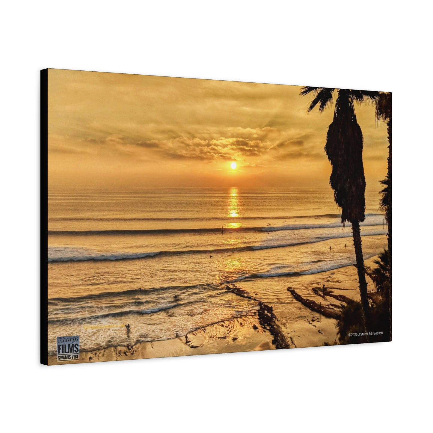 Swamis Vibe Encinitas California JSE Photograph #339 Swamis Sunset Gold Stretched Canvas Art, Sunset Beach Decor, Coastal Wall Art, Ocean Landscape Print, Tropical Home Decoration, Beach Lover Gift