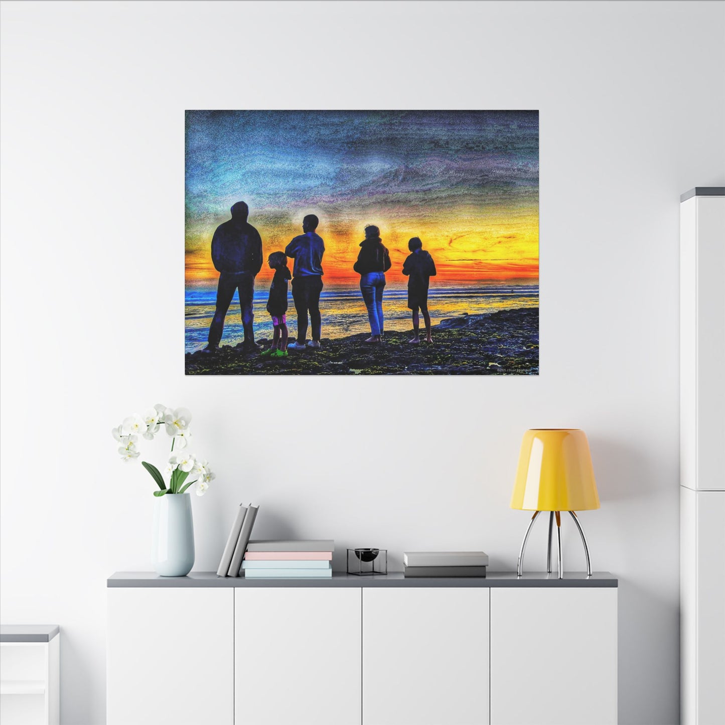 Swamis Vibe Encinitas California JSE Photograph #131 Swamis Low Tide Tourists Sunset Family Silhouette Canvas Wall Art, Stretched Canvas, Home Decor for Living Room, Gift for Parents, Family Portrait, Nature Art