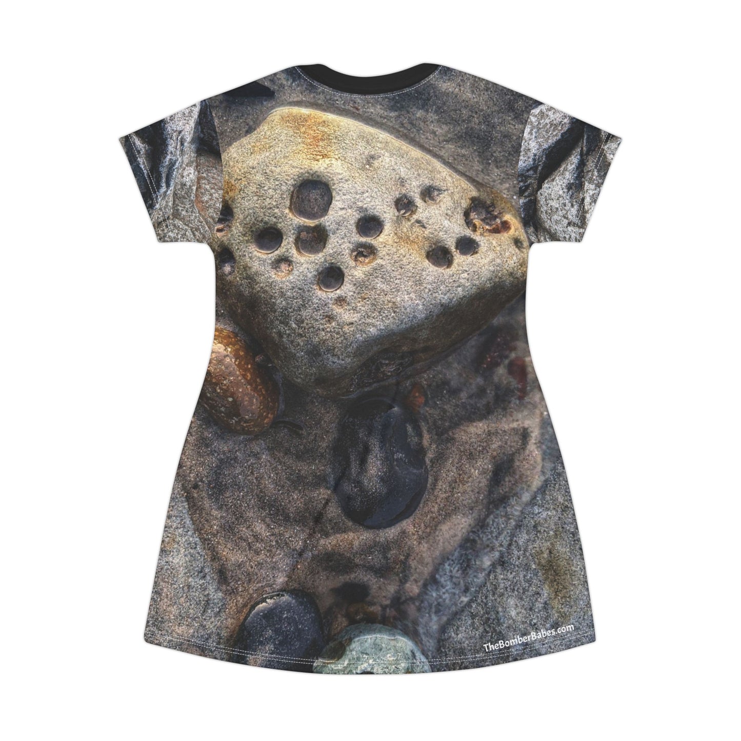 Swamis Vibe Stone T-Shirt Beach Dress #4. Shoreline Reflections Artistic Nature T-Shirt Dress | Casual Wear, Summer Dress, Unique Design, Outdoor Style, Gift for Nature Lovers