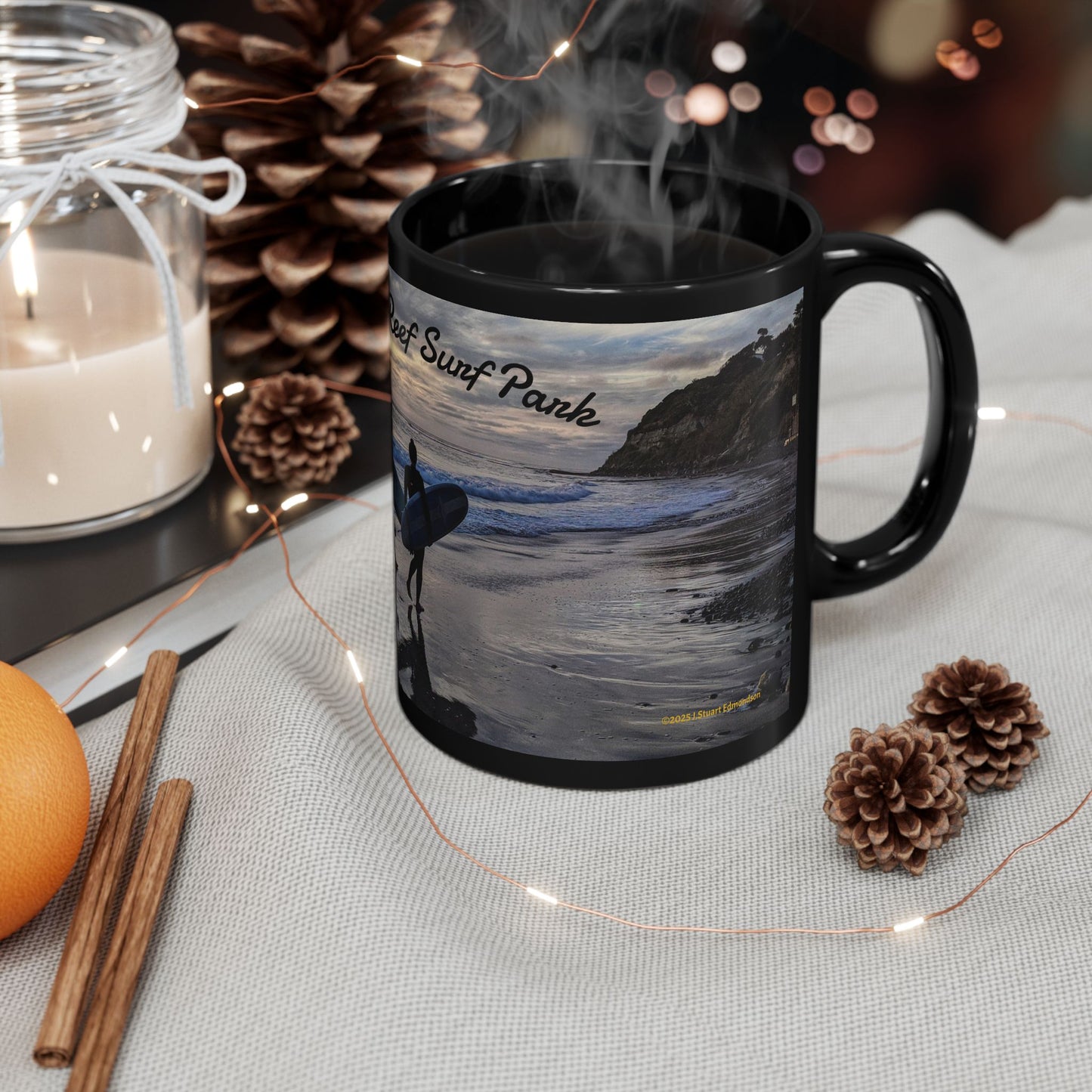 Swamis Vibe Encinitas California JSE Designs #8 Swamis Sunset Surf Couple Ceramic Mug Surf Park Black Mug | Ocean Sunset Coffee Cup, Beach Lover Gift, Surfing Theme Mug, Unique Drinkware for Home or Office