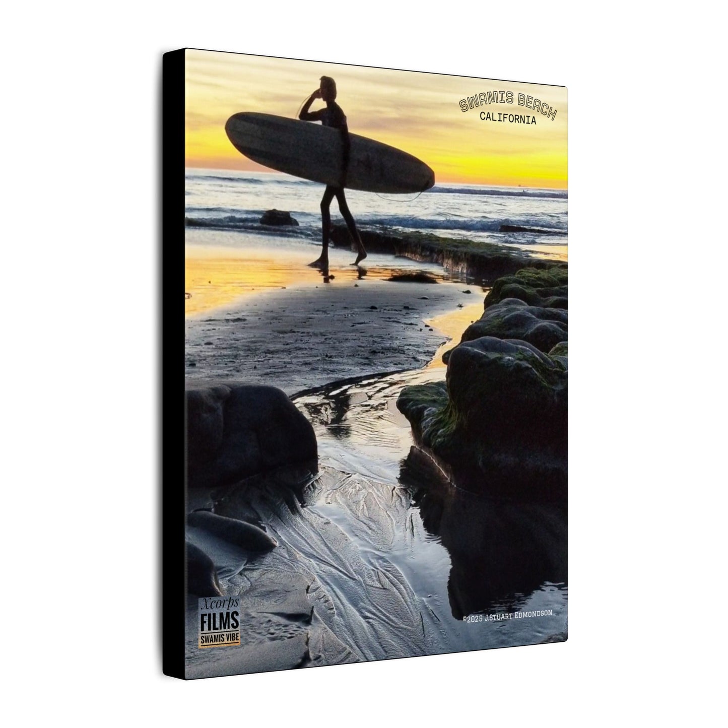 Swamis Vibe Encinitas California JSE Photograph #1200 Surfer On An Ancient Reef. Surfing Sunset Canvas Print - Beach Wall Art, Coastal Decor, Ocean Photography, Gift for Surfers, Home Aesthetic