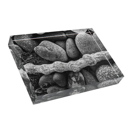 Swamis Reef Surf Beach Encinitas California - Rocks and Wood on the beach B/W Photo Block. Rustic Photo Block Display, Nature Wall Art, Home Decor, Gift for Nature Lovers