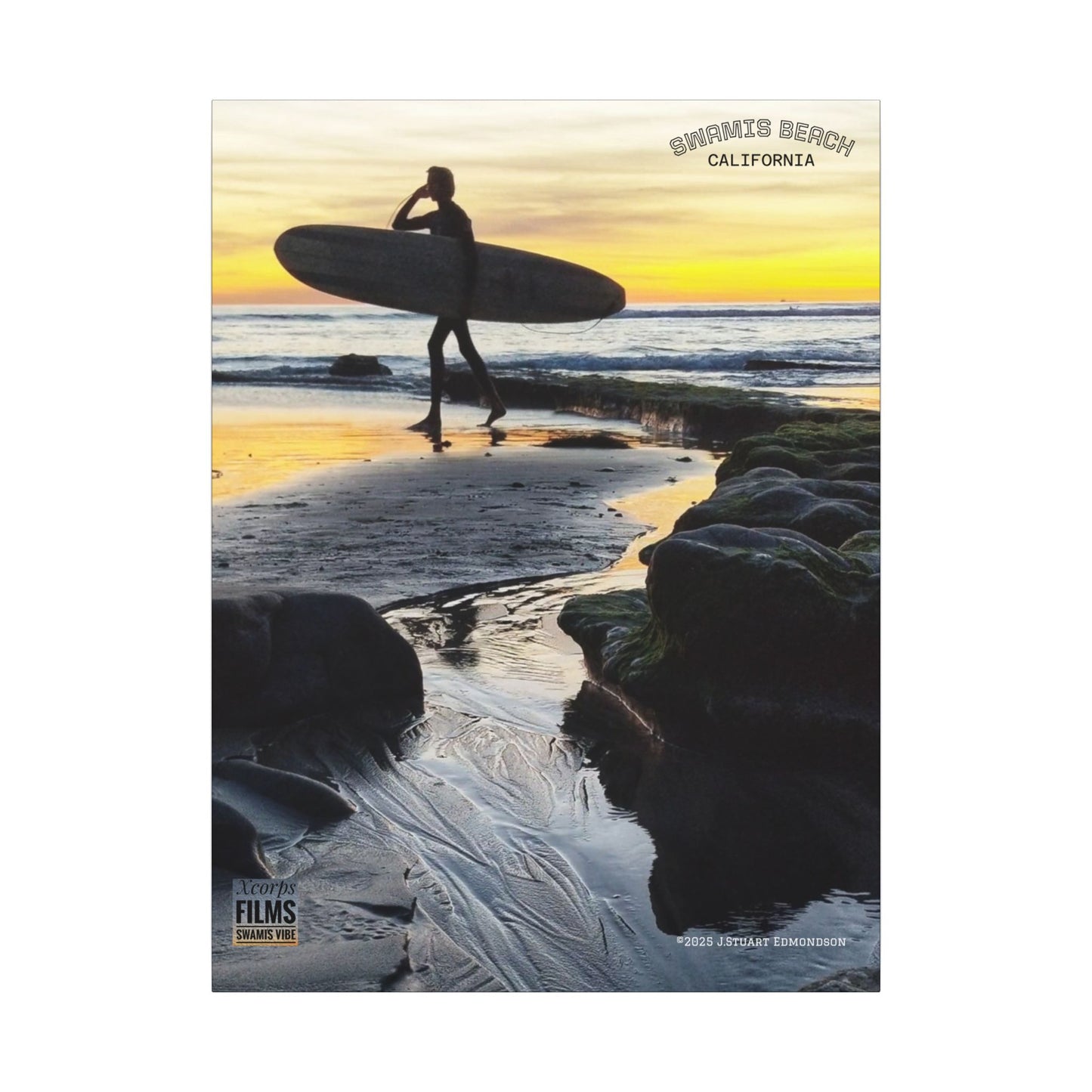 Swamis Vibe Encinitas California JSE Photograph #1200 Surfer On An Ancient Reef. Surfing Sunset Canvas Print - Beach Wall Art, Coastal Decor, Ocean Photography, Gift for Surfers, Home Aesthetic