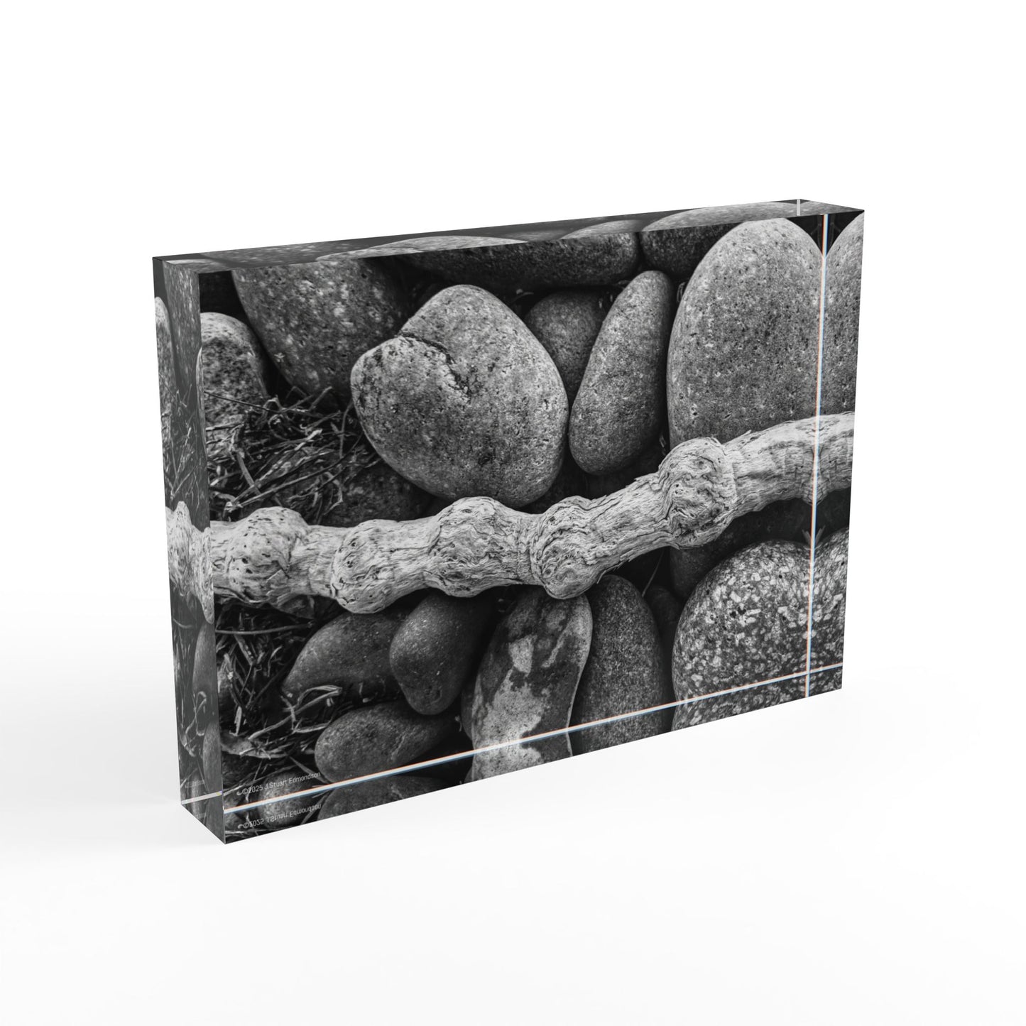 Swamis Reef Surf Beach Encinitas California - Rocks and Wood on the beach B/W Photo Block. Rustic Photo Block Display, Nature Wall Art, Home Decor, Gift for Nature Lovers