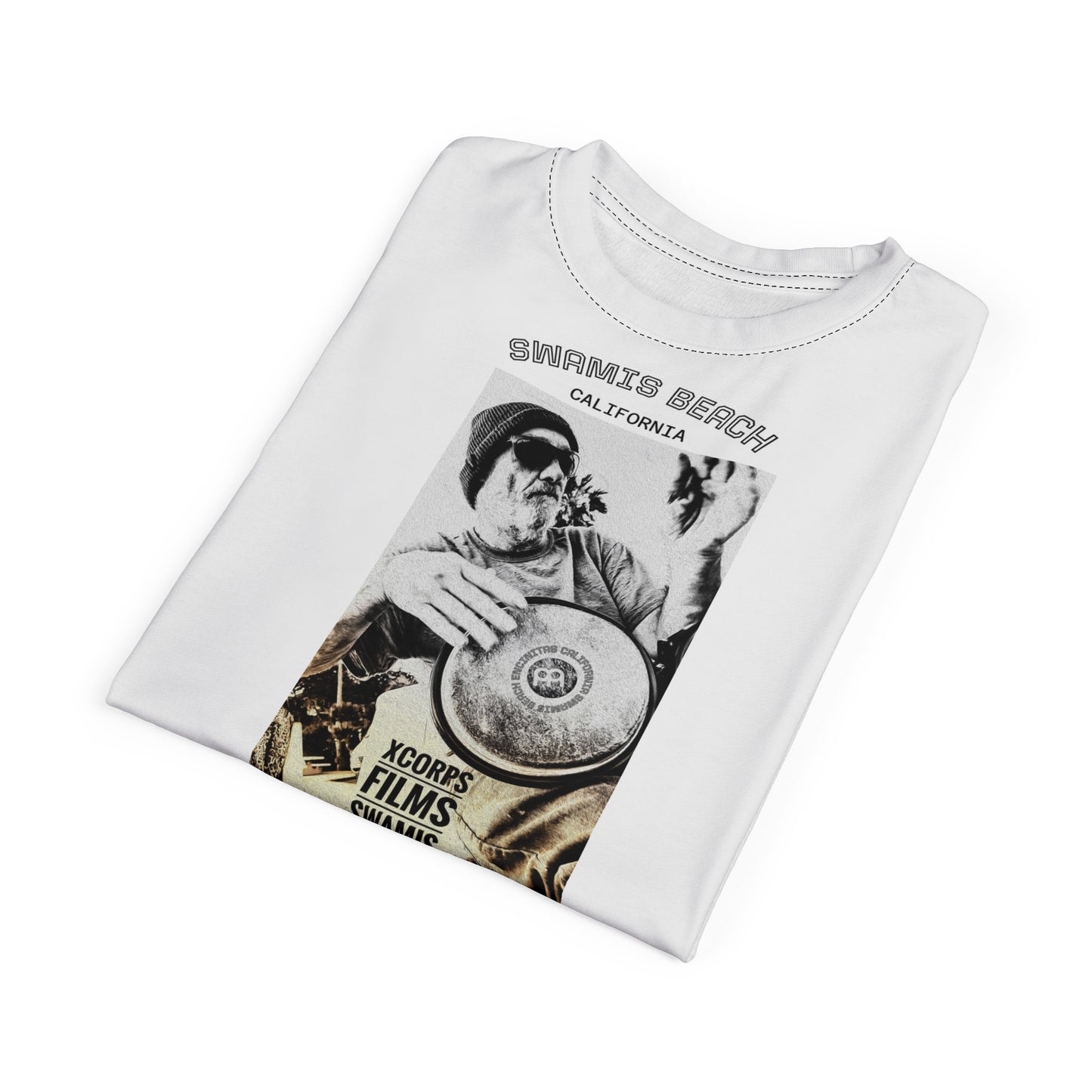 Swamis Vibe Encinitas California JSE Designs #10. Drum Beat Unisex T Vintage Film Lover's Unisex Tee, Music Enthusiast Shirt, Artsy Graphic Tee, Hipster AOP T-Shirt, Unique Gift for Him/Her