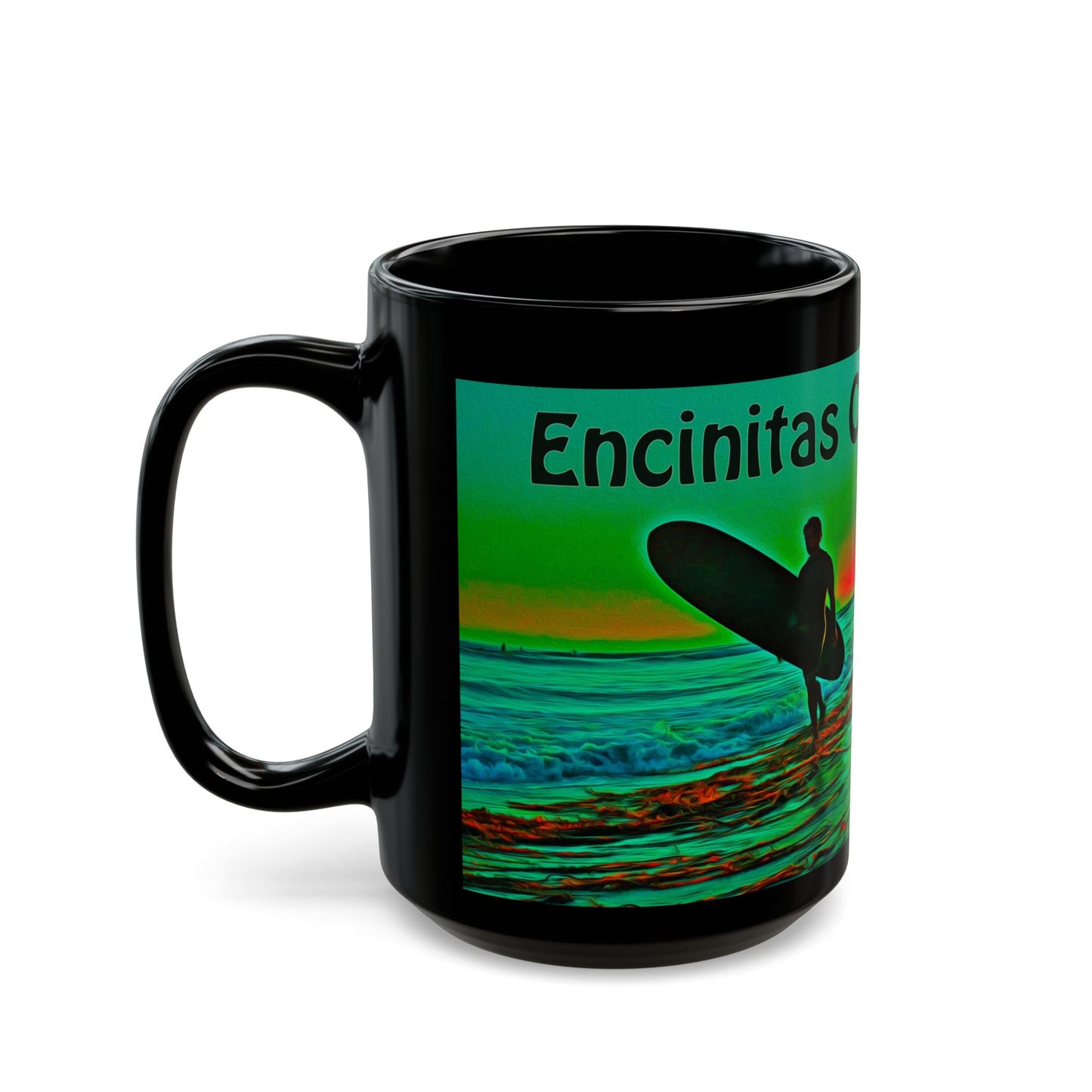 Swamis Vibe Encinitas California JSE Xcorps Films Designs #8. Swamis Surfer's Paradise Black Mug - Perfect for Coffee Lovers, Beach Vibes, Gifts for Him/Her, Summer, Surfing Enthusiasts, California