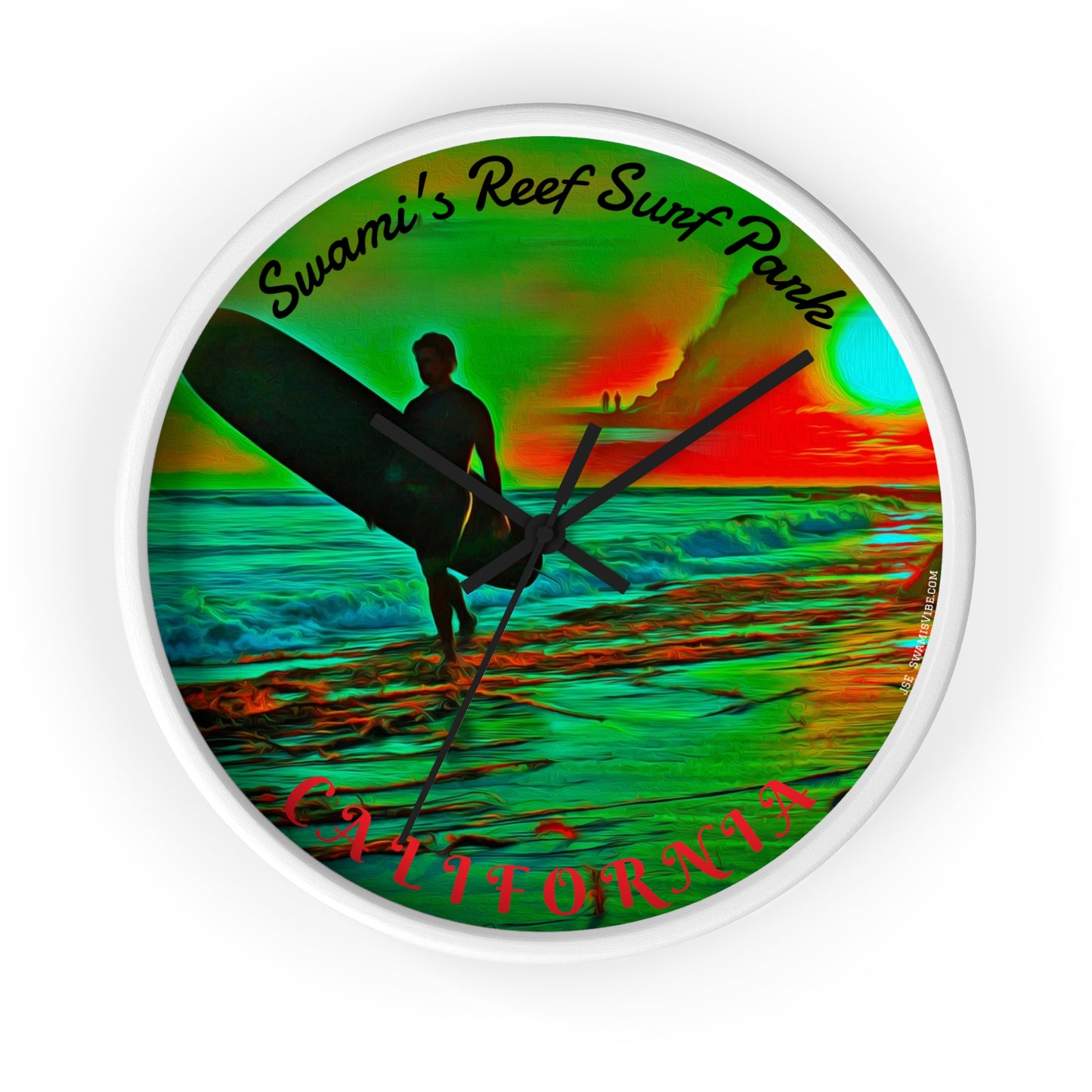 Swamis Vibe Encinitas California JSE Designs Swamis Surfing Sunset Wall Clock #3. Pop Art Sunset Surfer Wall Clock