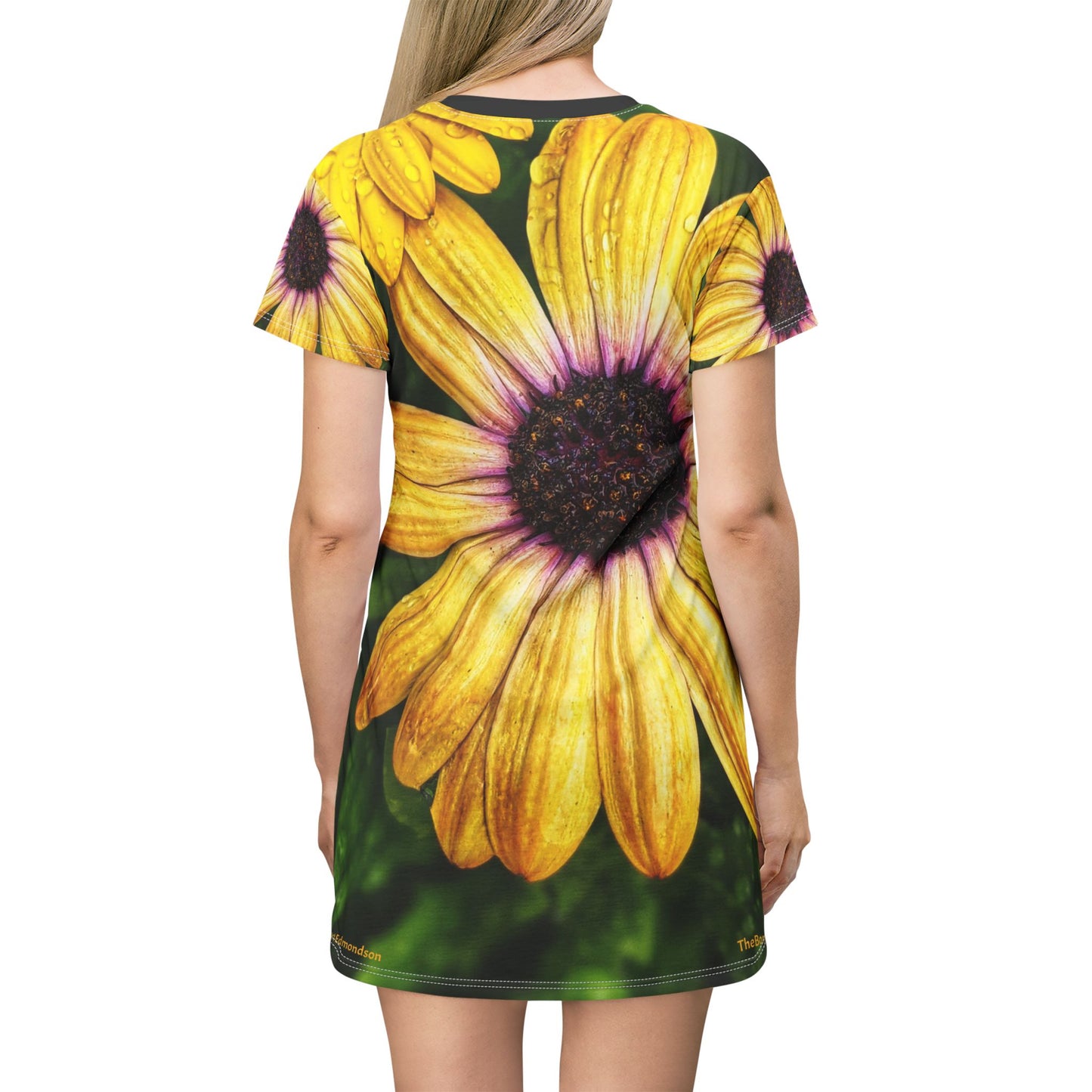 Swamis Vibe T-Shirt Beach Dress #7. Daisy Days Artistic Nature Cheerful Floral T-Shirt Dress for Summer Days, Casual Wear, Vacation Outfit, Gift for Her, Spring Flowers Style
