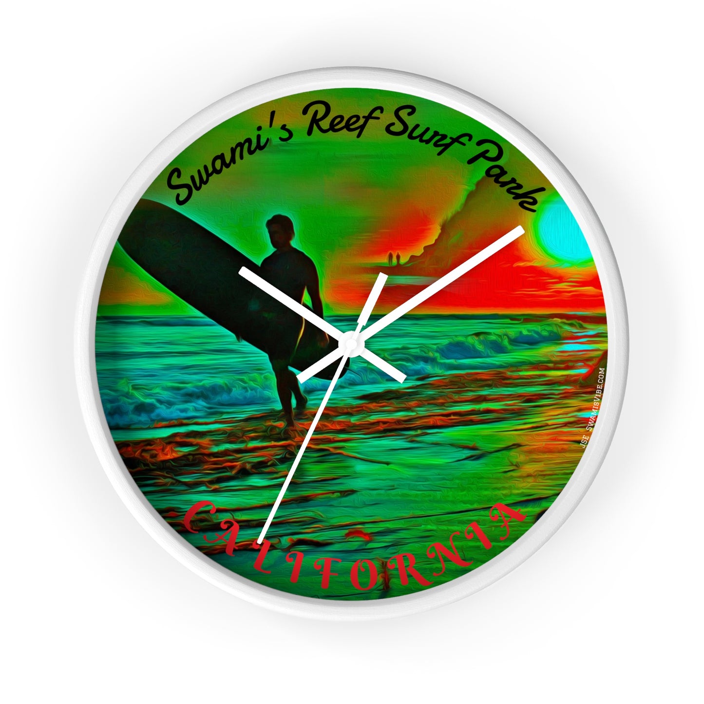 Swamis Vibe Encinitas California JSE Designs Swamis Surfing Sunset Wall Clock #3. Pop Art Sunset Surfer Wall Clock