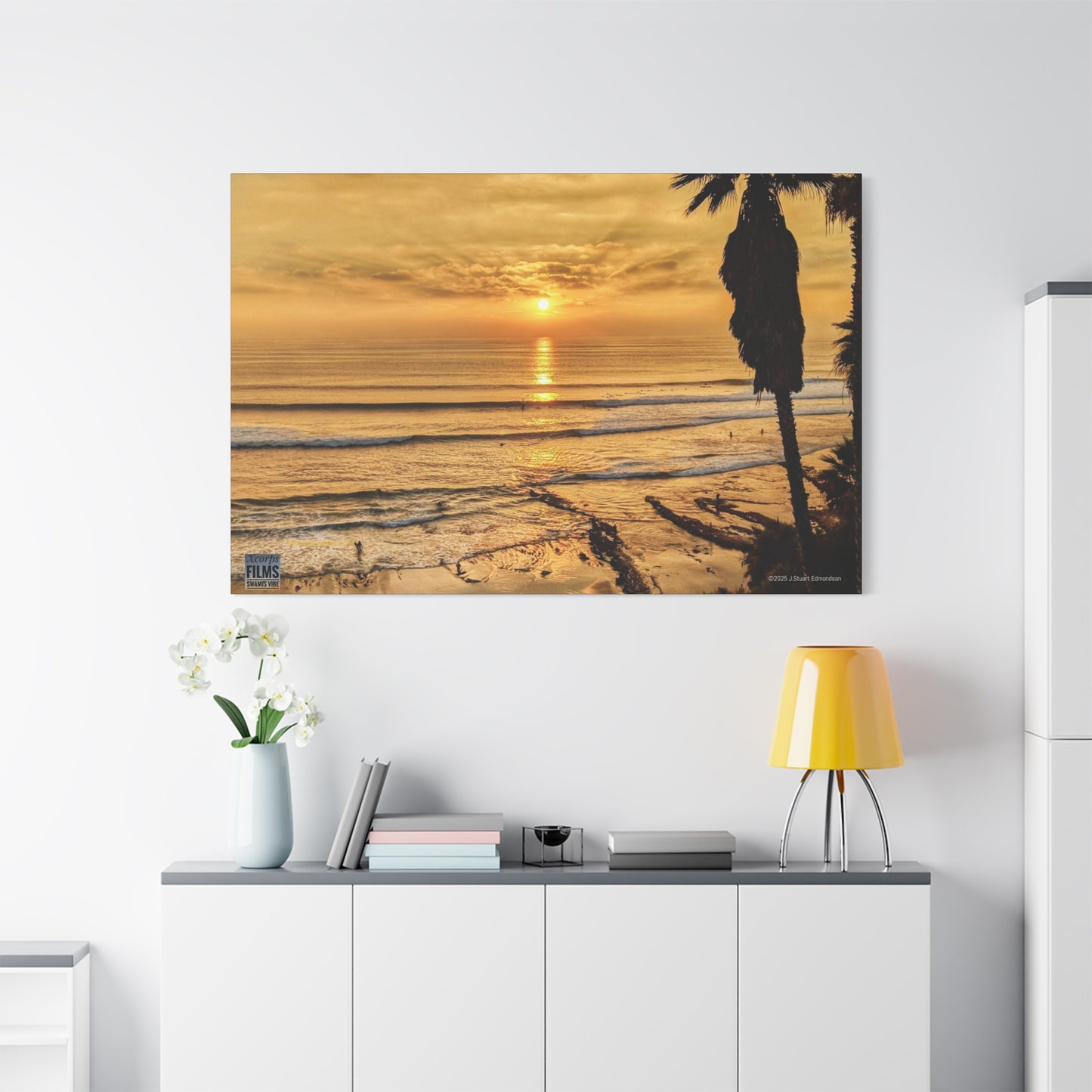 Swamis Vibe Encinitas California JSE Photograph #339 Swamis Sunset Gold Stretched Canvas Art, Sunset Beach Decor, Coastal Wall Art, Ocean Landscape Print, Tropical Home Decoration, Beach Lover Gift