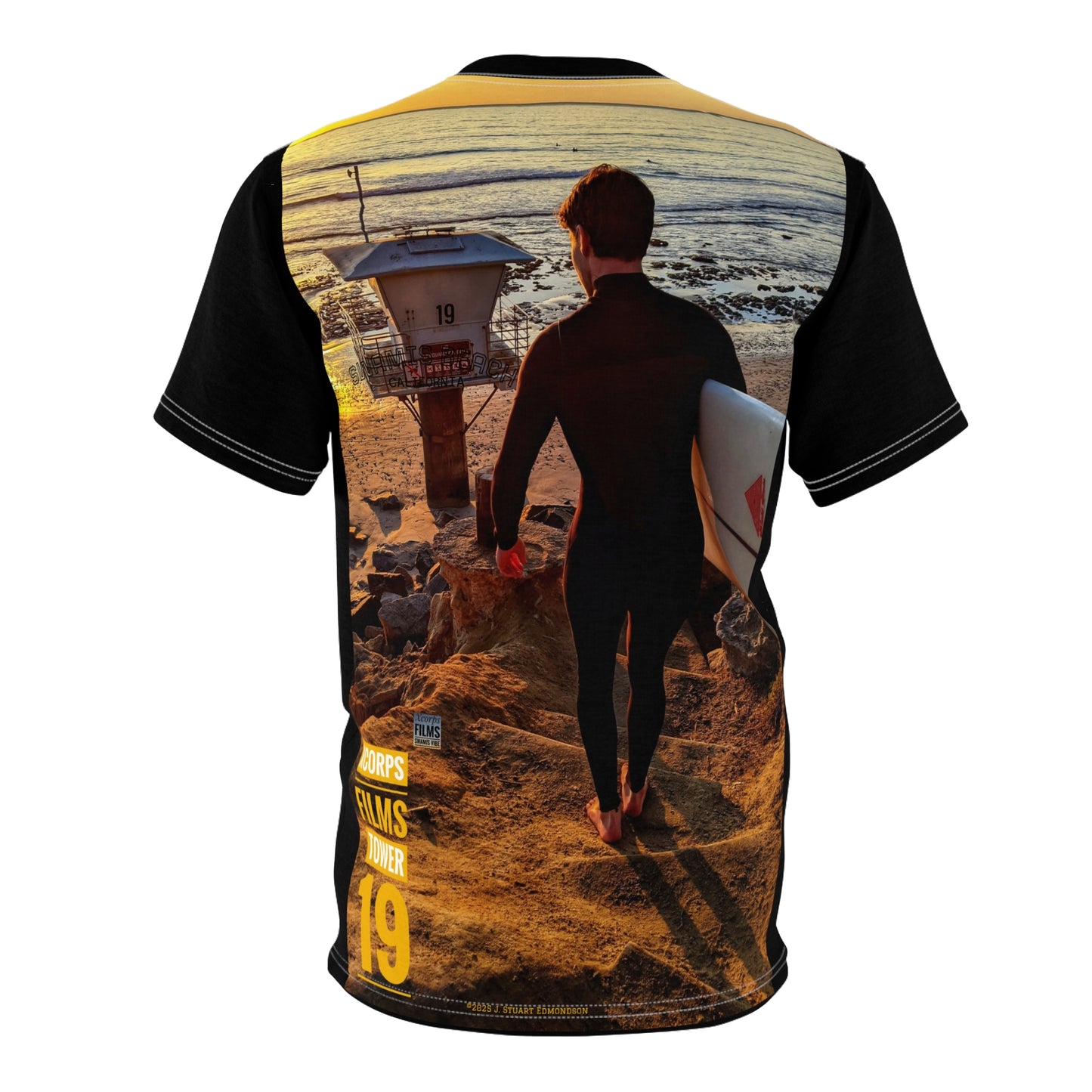 Swamis Vibe Encinitas California JSE Designs #6 Tower 19 Unisex T Sunset Beach Scene Tee, AOP Unisex Cut & Sew T-Shirt, Ocean Lover Gift, California Beachwear, Summer Vacation Apparel, Adventure T-Shirt