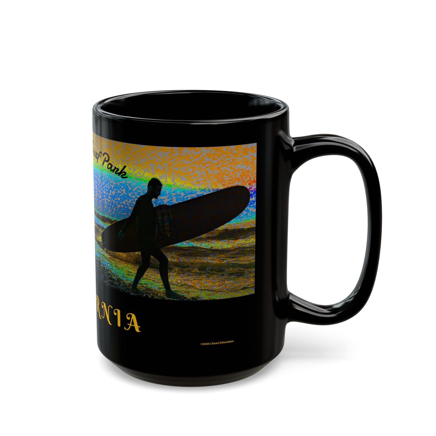 Swamis Vibe Encinitas California JSE Sunset Surf Designs #6 Xcorps Films Swamis Vibe Ceramic Mug California Surfing Mug, Black Ceramic Coffee Cup, Beach Lover Gift, Surfboard Artwork, Swami's Reef Surf, Unique Coffee Mug