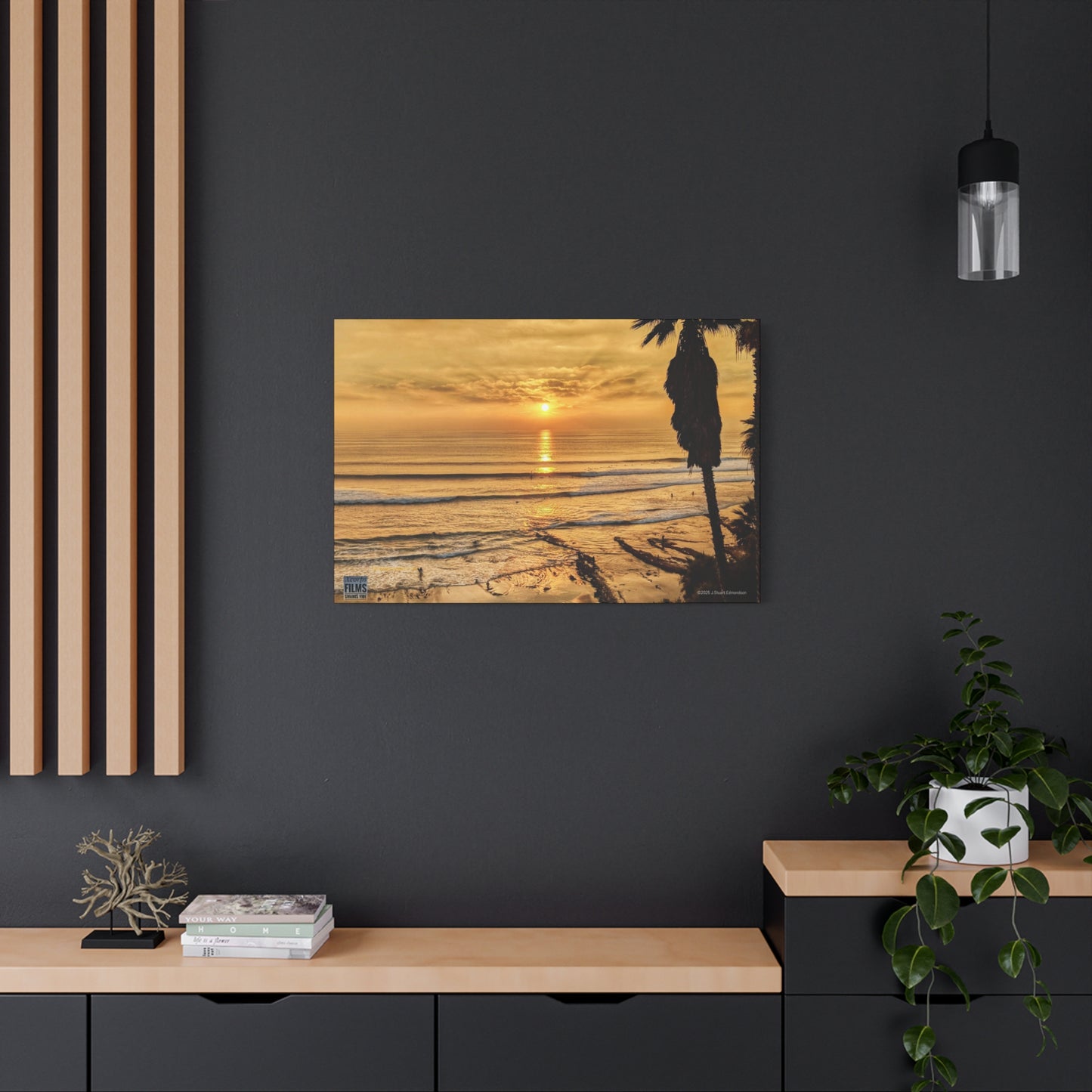 Swamis Vibe Encinitas California JSE Photograph #339 Swamis Sunset Gold Stretched Canvas Art, Sunset Beach Decor, Coastal Wall Art, Ocean Landscape Print, Tropical Home Decoration, Beach Lover Gift