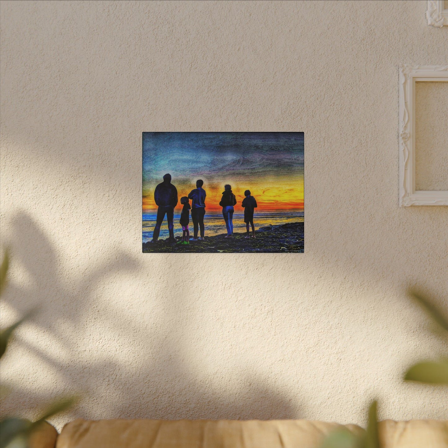 Swamis Vibe Encinitas California JSE Photograph #131 Swamis Low Tide Tourists Sunset Family Silhouette Canvas Wall Art, Stretched Canvas, Home Decor for Living Room, Gift for Parents, Family Portrait, Nature Art