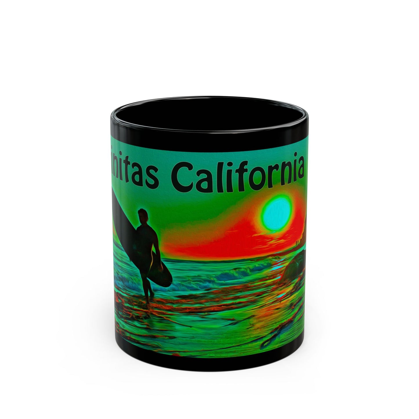 Swamis Vibe Encinitas California JSE Xcorps Films Designs #8. Swamis Surfer's Paradise Black Mug - Perfect for Coffee Lovers, Beach Vibes, Gifts for Him/Her, Summer, Surfing Enthusiasts, California