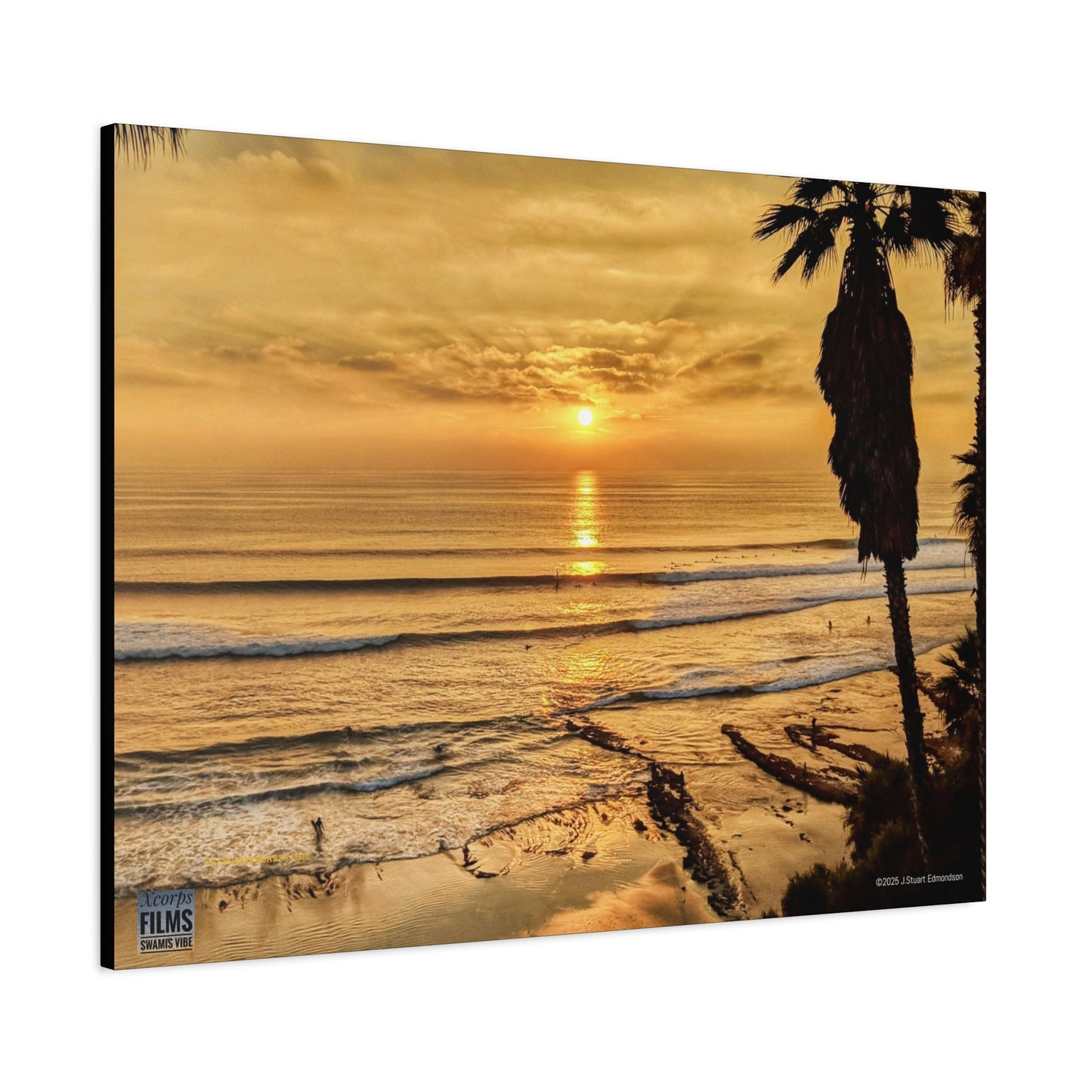 Swamis Vibe Encinitas California JSE Photograph #339 Swamis Sunset Gold Stretched Canvas Art, Sunset Beach Decor, Coastal Wall Art, Ocean Landscape Print, Tropical Home Decoration, Beach Lover Gift