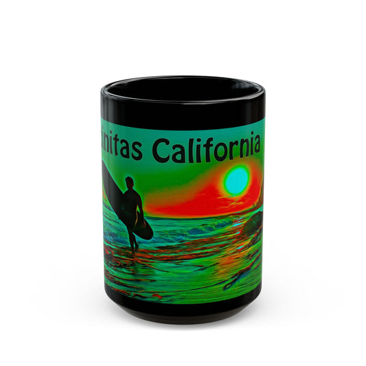 Swamis Vibe Encinitas California JSE Xcorps Films Designs #8. Swamis Surfer's Paradise Black Mug - Perfect for Coffee Lovers, Beach Vibes, Gifts for Him/Her, Summer, Surfing Enthusiasts, California