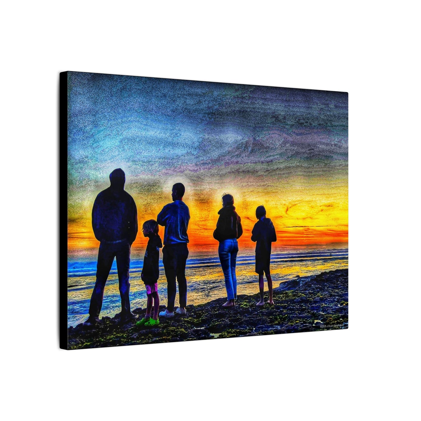 Swamis Vibe Encinitas California JSE Photograph #131 Swamis Low Tide Tourists Sunset Family Silhouette Canvas Wall Art, Stretched Canvas, Home Decor for Living Room, Gift for Parents, Family Portrait, Nature Art