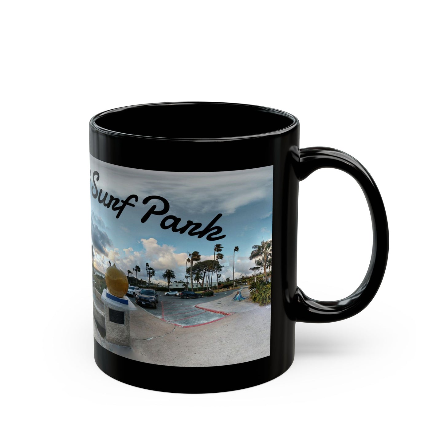 Swamis Vibe Encinitas California JSE Designs #5. Panorama Swamis Surf Park Ceramic Mug - Black Coffee/Tea Cup, Beach Lover Gift, Vacation Souvenir, Surfing Decor, Relaxing Drinkware
