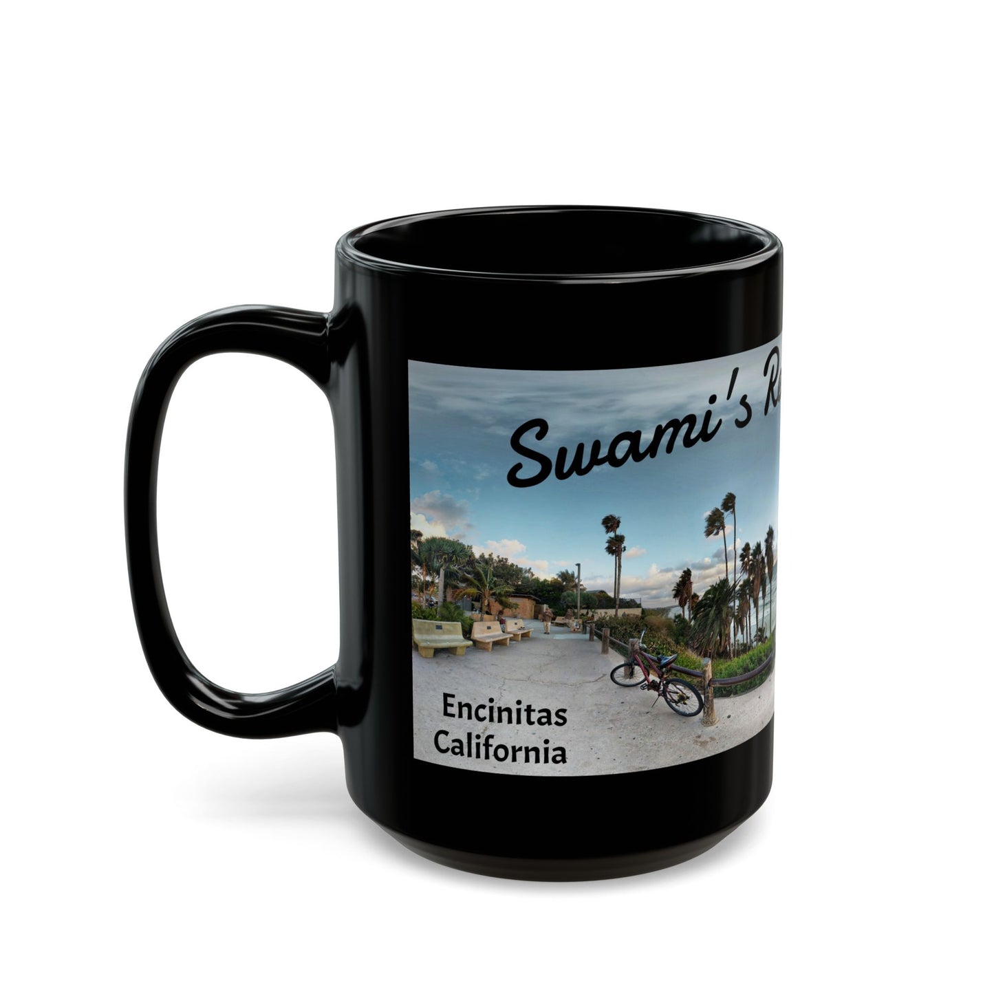 Swamis Vibe Encinitas California JSE Designs #5. Panorama Swamis Surf Park Ceramic Mug - Black Coffee/Tea Cup, Beach Lover Gift, Vacation Souvenir, Surfing Decor, Relaxing Drinkware