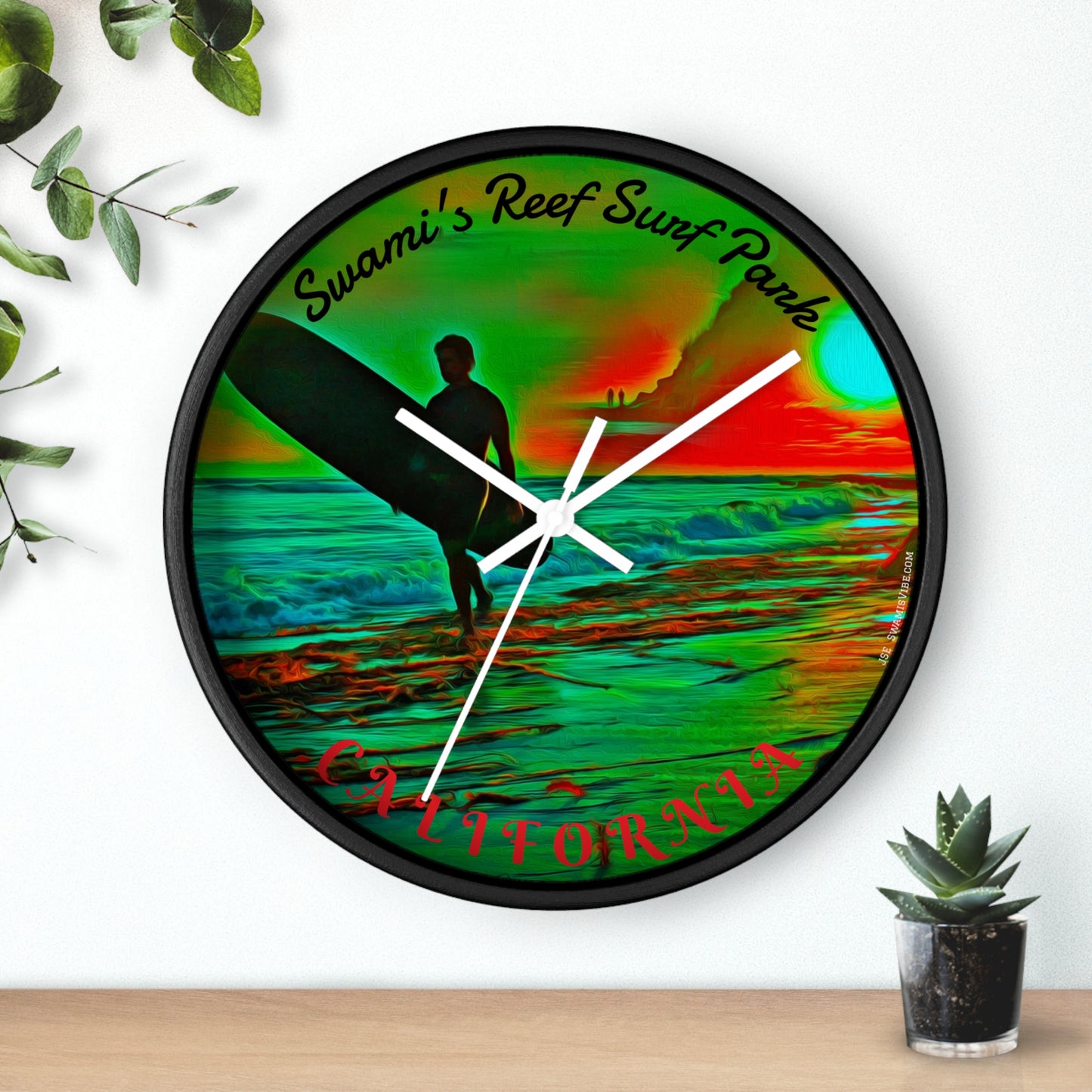 Swamis Vibe Encinitas California JSE Designs Swamis Surfing Sunset Wall Clock #3. Pop Art Sunset Surfer Wall Clock