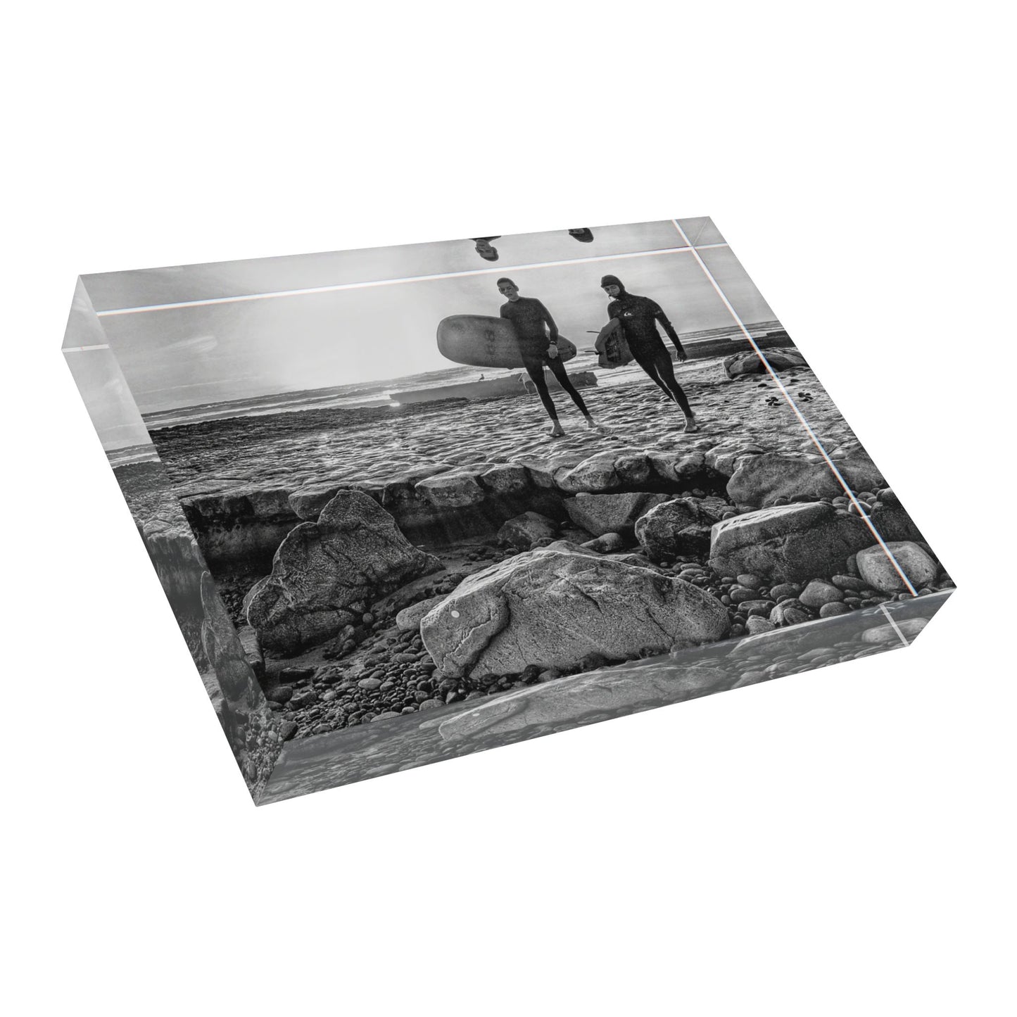 Swamis Vibe Surf and Sunsets Gallery Presents 2 Surfers on Ancient Swamis Reef 3D Surf Photo Block Home Decor, Gift for Surfers, Black and White Photography Display, Coastal Wall Art