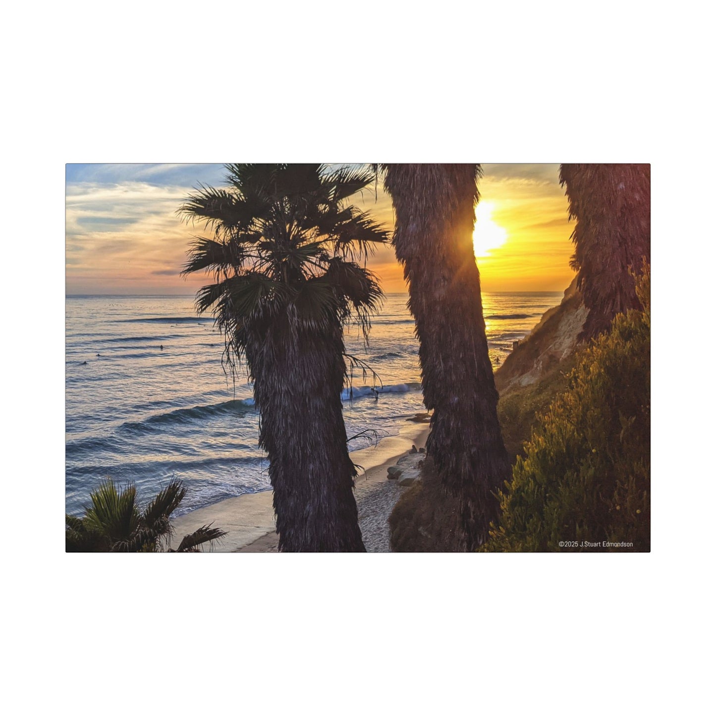 Swamis Vibe Encinitas California JSE Photograph #102 Swamis Sunset Palms and Waves Coastal Sunset Canvas Print, Wall Art, Beach Decor, Home Decor, Nature Wall Art, Tropical Print