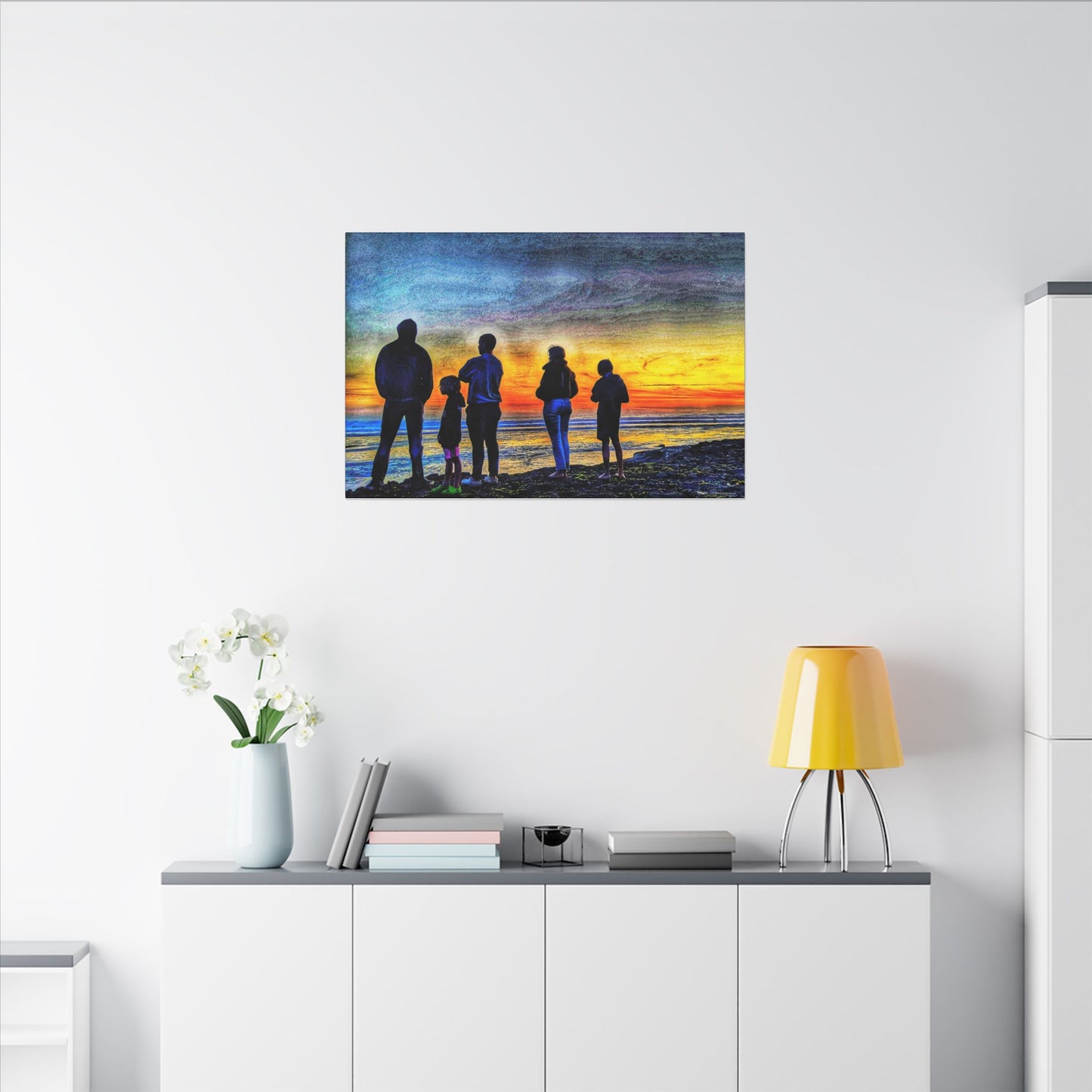 Swamis Vibe Encinitas California JSE Photograph #131 Swamis Low Tide Tourists Sunset Family Silhouette Canvas Wall Art, Stretched Canvas, Home Decor for Living Room, Gift for Parents, Family Portrait, Nature Art