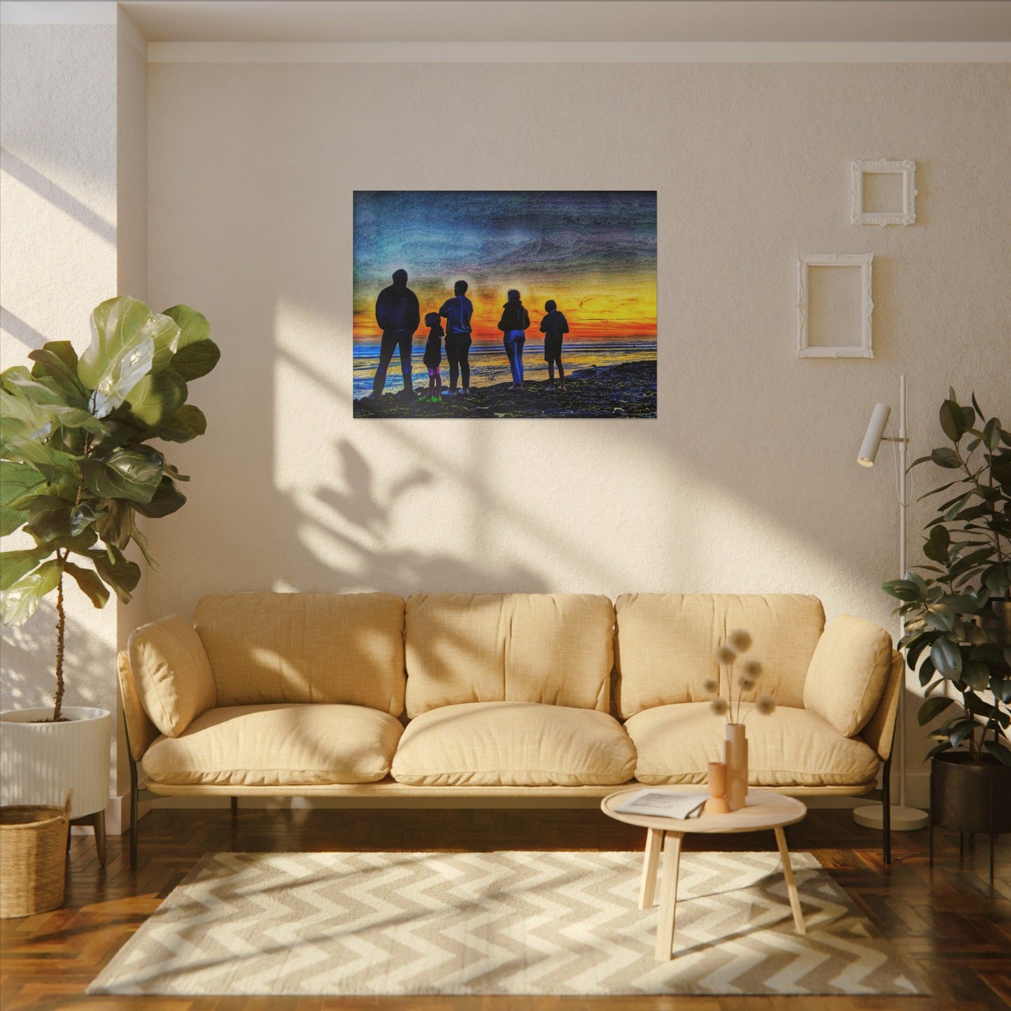 Swamis Vibe Encinitas California JSE Photograph #131 Swamis Low Tide Tourists Sunset Family Silhouette Canvas Wall Art, Stretched Canvas, Home Decor for Living Room, Gift for Parents, Family Portrait, Nature Art