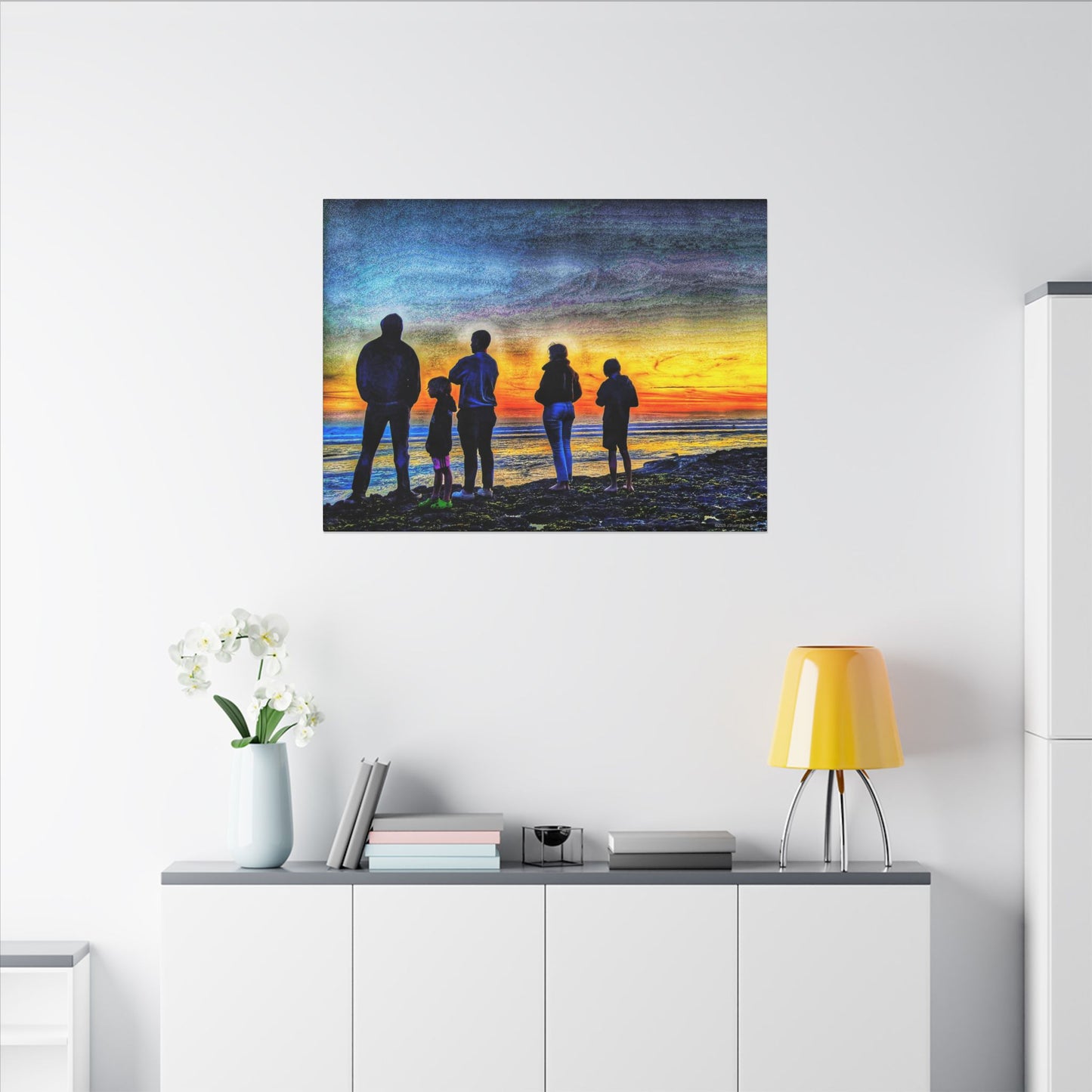 Swamis Vibe Encinitas California JSE Photograph #131 Swamis Low Tide Tourists Sunset Family Silhouette Canvas Wall Art, Stretched Canvas, Home Decor for Living Room, Gift for Parents, Family Portrait, Nature Art