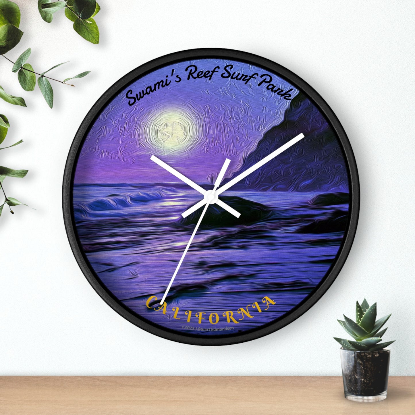 Swamis Vibe Encinitas California JSE Designs Swamis Surfing Sunset Wall Clock #6. Purple Moon - Serene Moonlit Beach Wall Clock | Coastal Home Decor, Nautical Gift, Ocean Lover's Art, Unique Timepiece, Relaxing Atmosphere