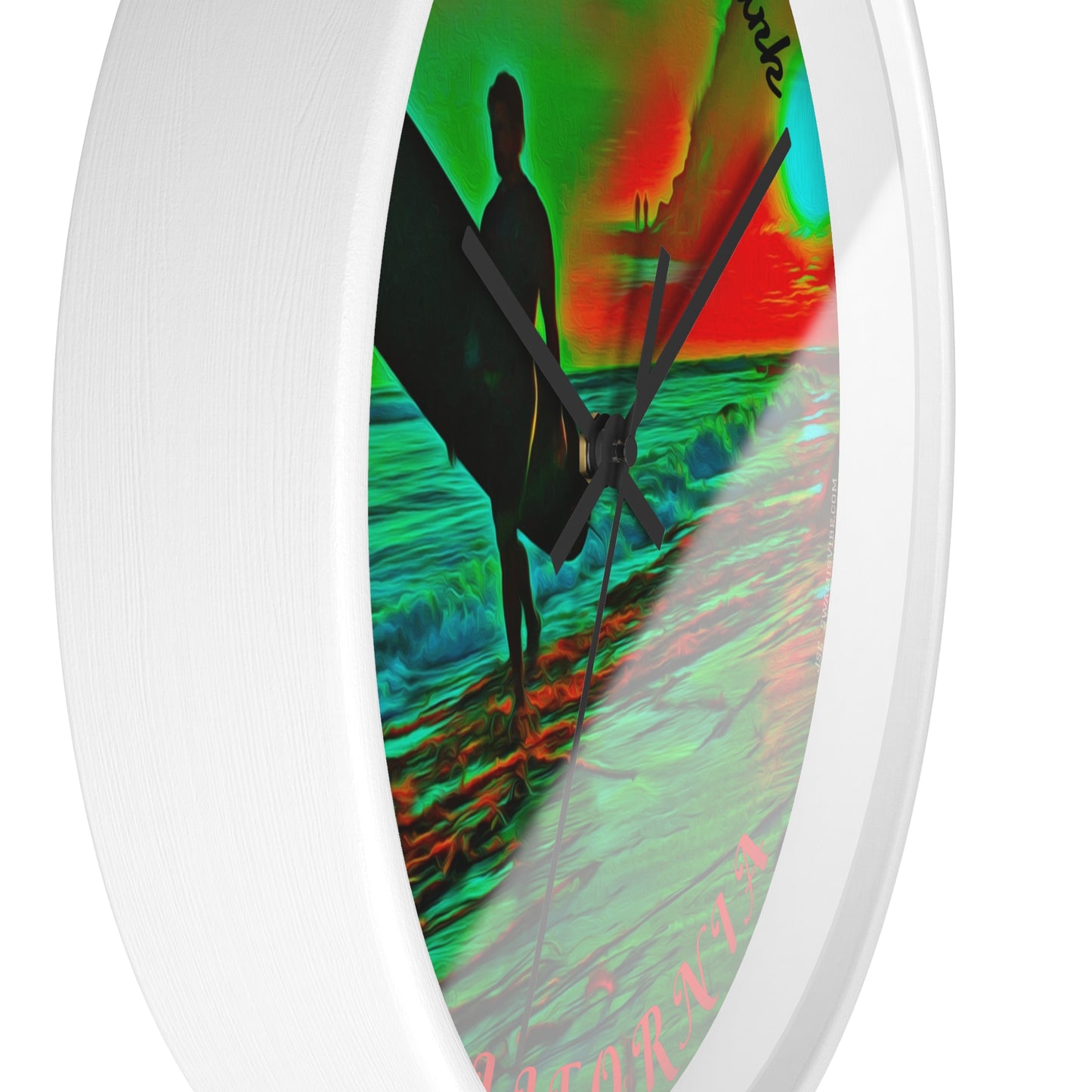 Swamis Vibe Encinitas California JSE Designs Swamis Surfing Sunset Wall Clock #3. Pop Art Sunset Surfer Wall Clock