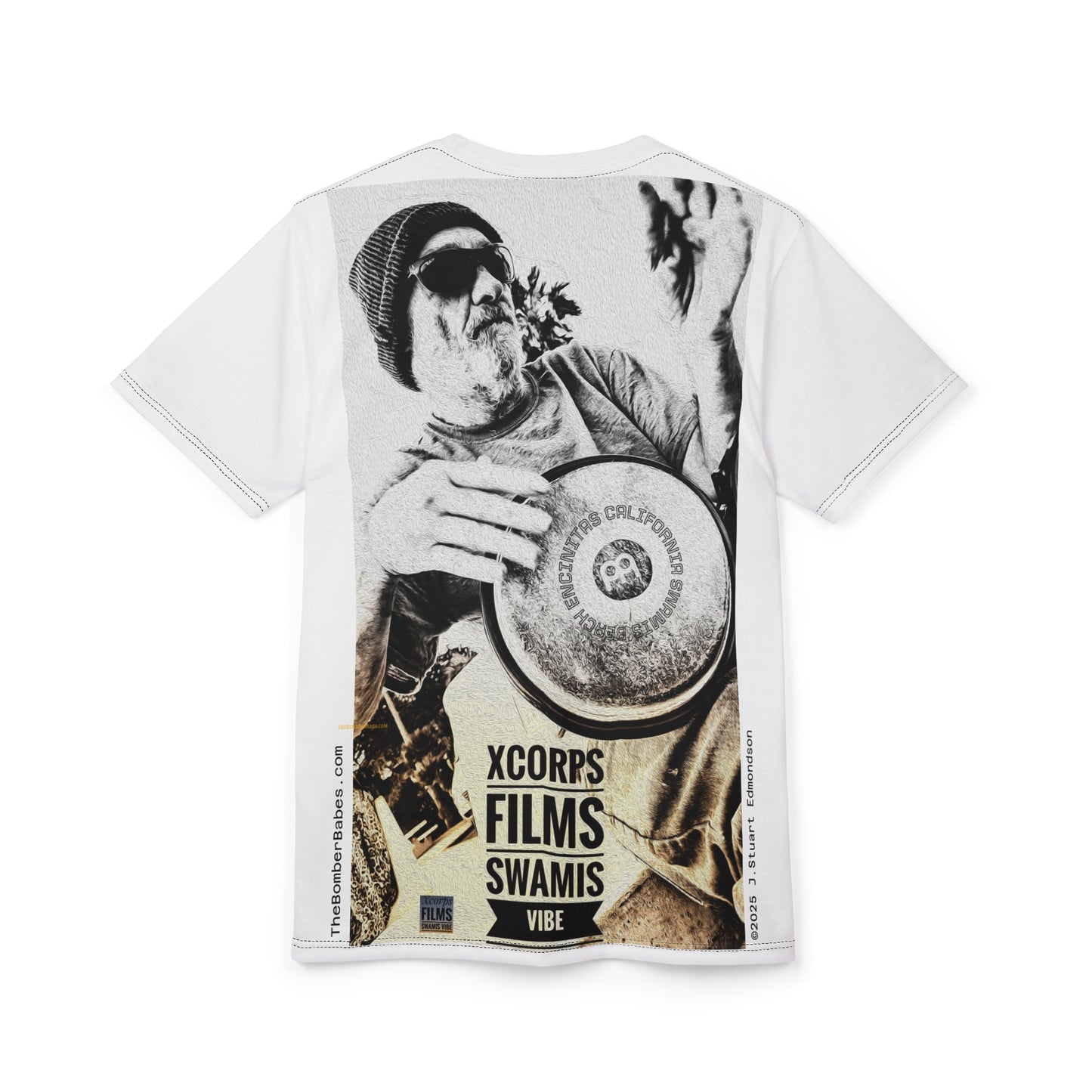 Swamis Vibe Encinitas California JSE Designs #10. Drum Beat Unisex T Vintage Film Lover's Unisex Tee, Music Enthusiast Shirt, Artsy Graphic Tee, Hipster AOP T-Shirt, Unique Gift for Him/Her