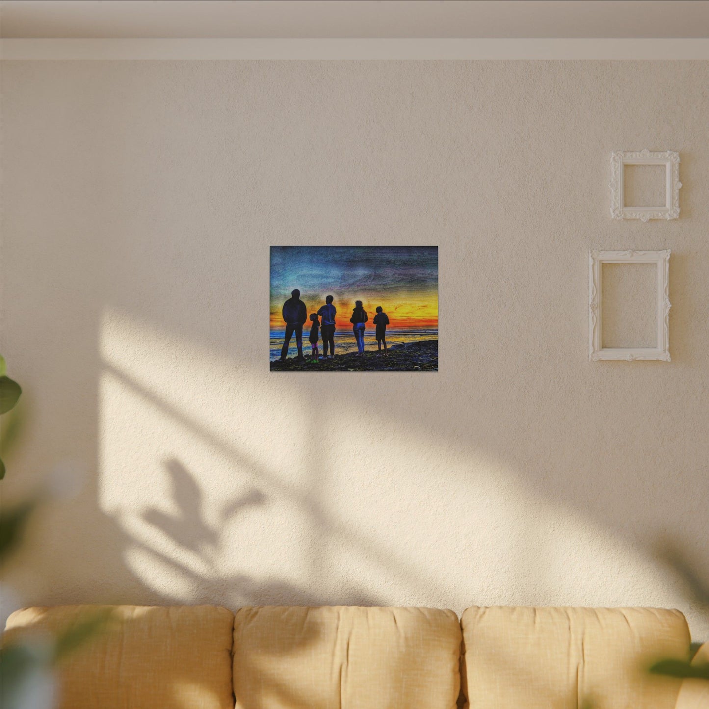 Swamis Vibe Encinitas California JSE Photograph #131 Swamis Low Tide Tourists Sunset Family Silhouette Canvas Wall Art, Stretched Canvas, Home Decor for Living Room, Gift for Parents, Family Portrait, Nature Art