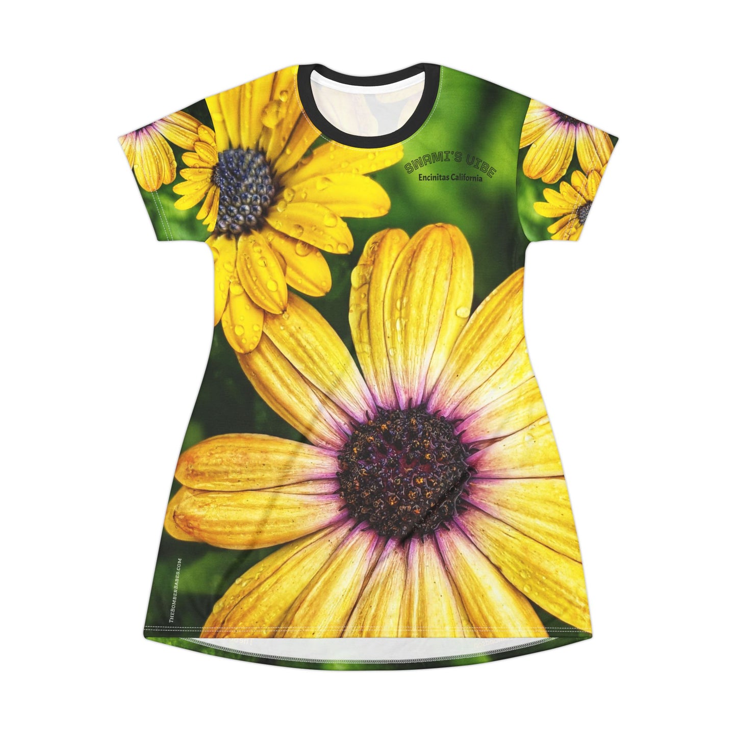 Swamis Vibe T-Shirt Beach Dress #7. Daisy Days Artistic Nature Cheerful Floral T-Shirt Dress for Summer Days, Casual Wear, Vacation Outfit, Gift for Her, Spring Flowers Style