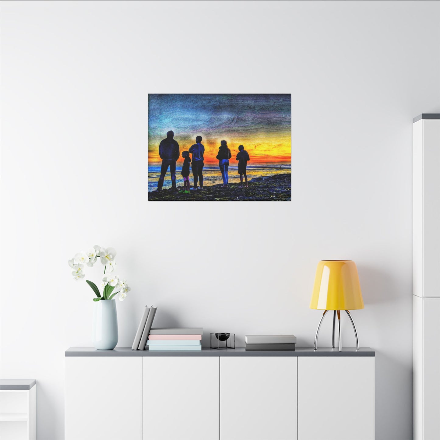 Swamis Vibe Encinitas California JSE Photograph #131 Swamis Low Tide Tourists Sunset Family Silhouette Canvas Wall Art, Stretched Canvas, Home Decor for Living Room, Gift for Parents, Family Portrait, Nature Art